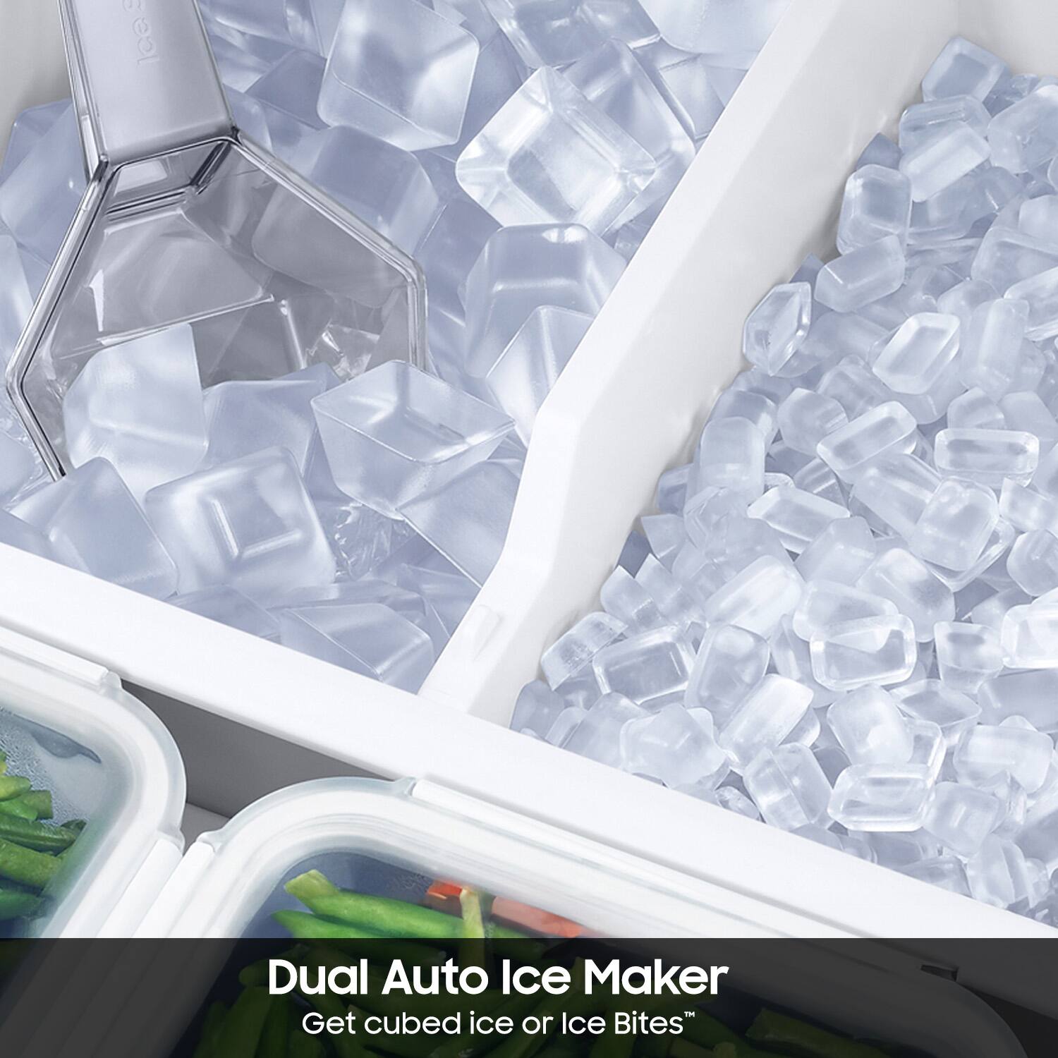 "Dual Auto Ice Maker: Get cubed ice or Ice Bites."
