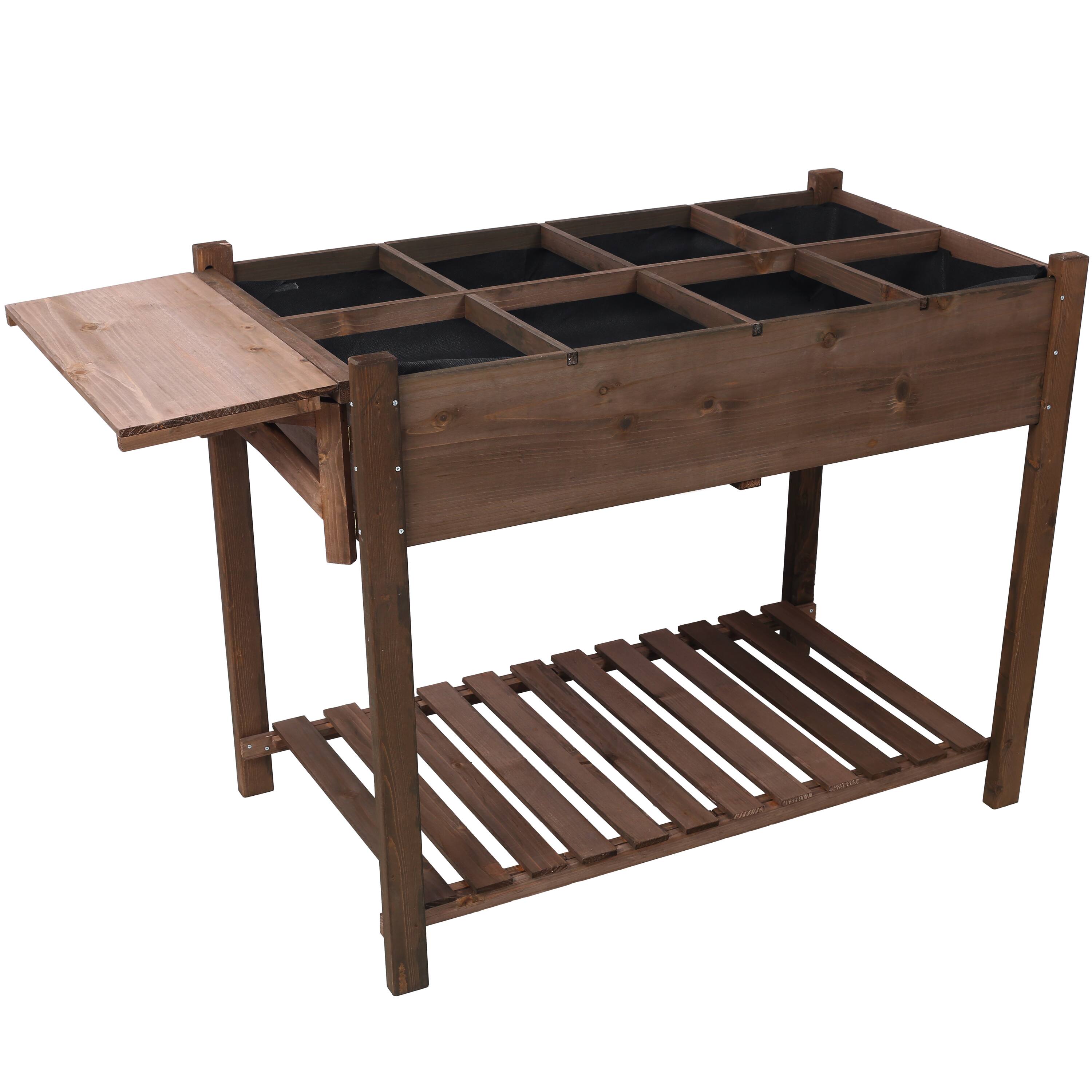 Front. GOODSILO - 8-Pocket Elevated Wood Planter Box with Foldable Side Table and Storage Shelf for Herb, Vegetable, and Flower Gardening - Brown.