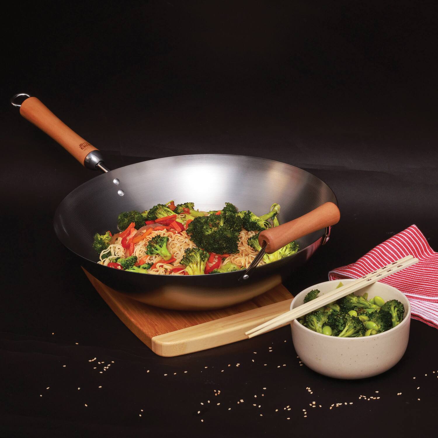 Back. Escali - Joyce Chen Classic Series 14-Inch Round Bottom Carbon Steel Wok with Birch Handles - Silver.