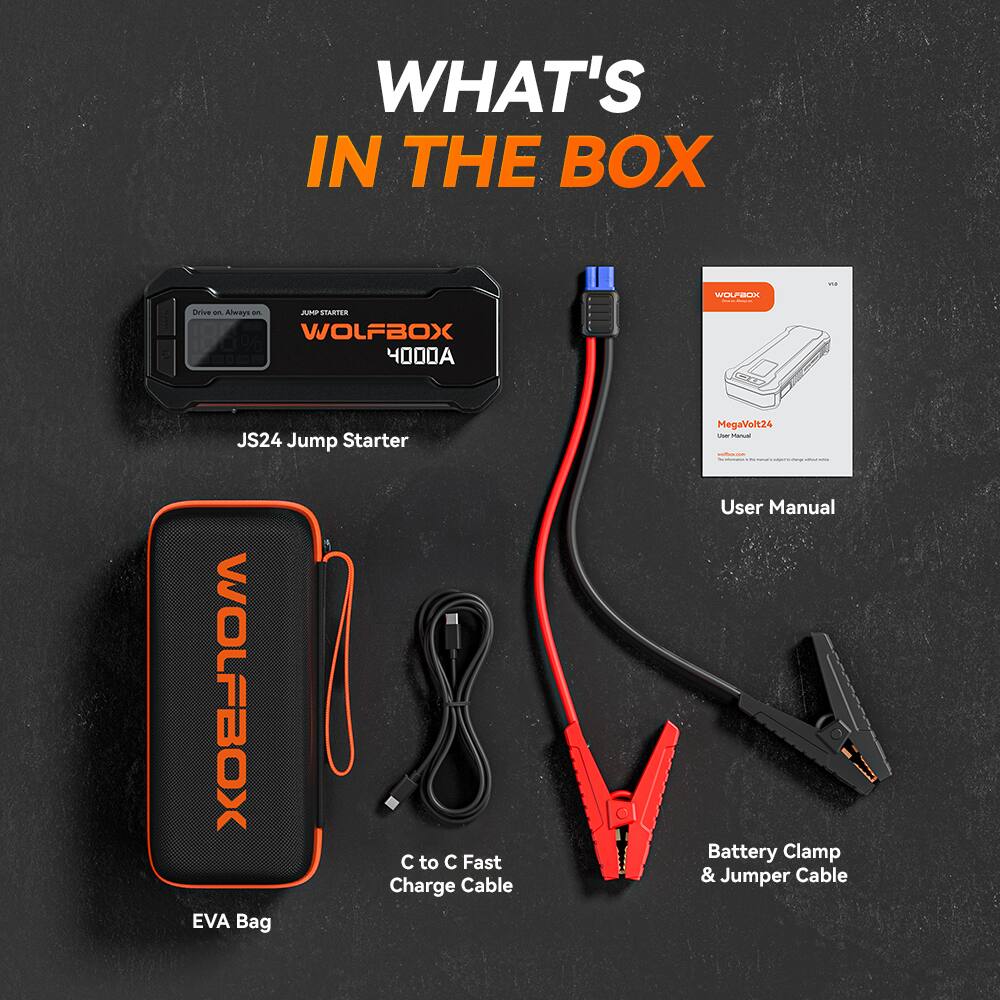 WHAT'S IN THE BOX

- WOLFBOX 4000A JS24 Jump Starter
- C to C Fast Charge Cable
- EVA Bag
- Battery Clamp & Jumper Cable
- User Manual
- MegaVolt24 User Manual