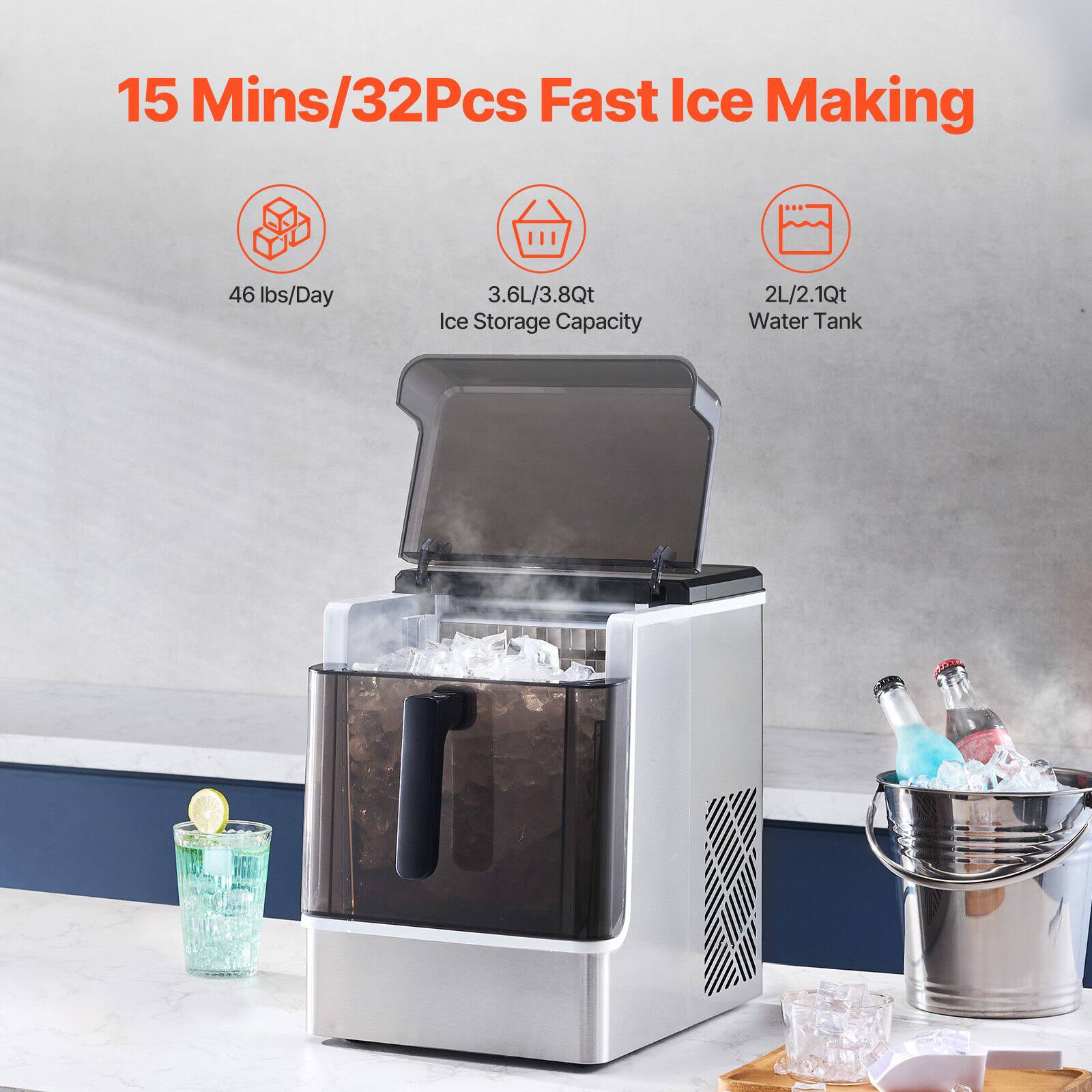 15 Mins/32Pcs Fast Ice Making  
46 lbs/Day  
3.6L/3.8Qt Ice Storage Capacity  
2L/2.1Qt Water Tank
