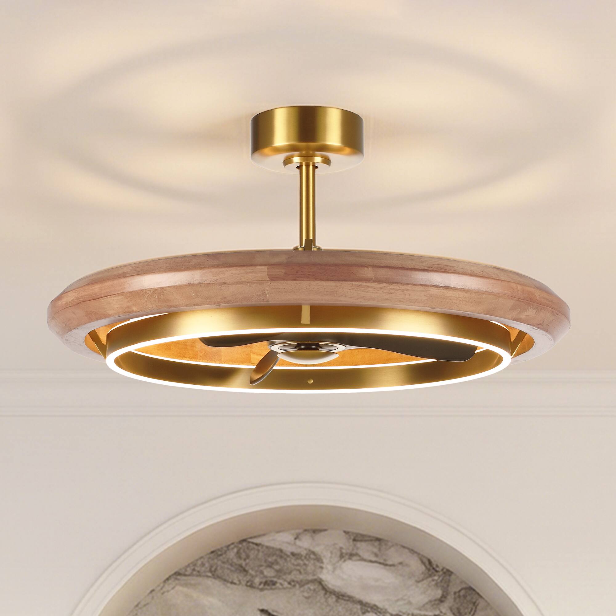 Alt View 1. Parrot Uncle - 33 Inch Gold Wood LED Ceiling Fan 6 Speed DC Motor Dimmable Caged Chandelier with Remote - Gold.