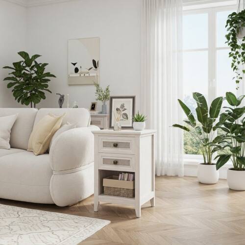 Angle. LUCKY ONE - 17.7" Assembled Rattan Nightstand 2-Drawer Shelf Boho - White.