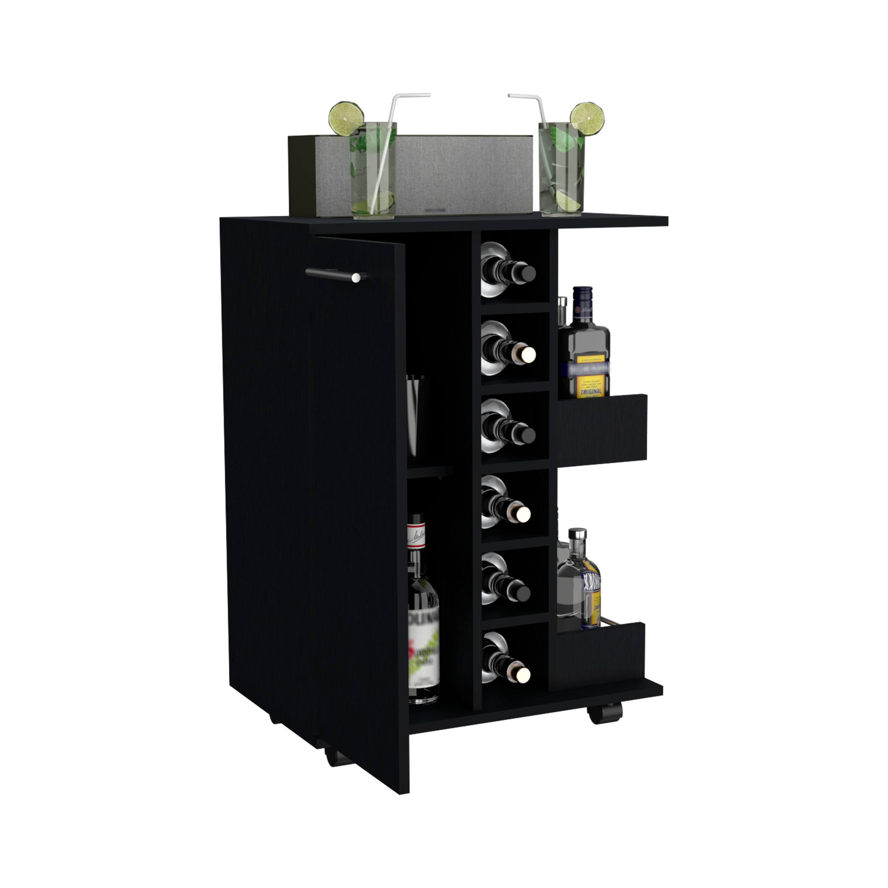 Alt View 3. TuHome - Bar Cart, Two External Shelves, Four Casters, Six Built-In Wine Rack, Single Door Cabinet, Bar Room or Living Room - Black.