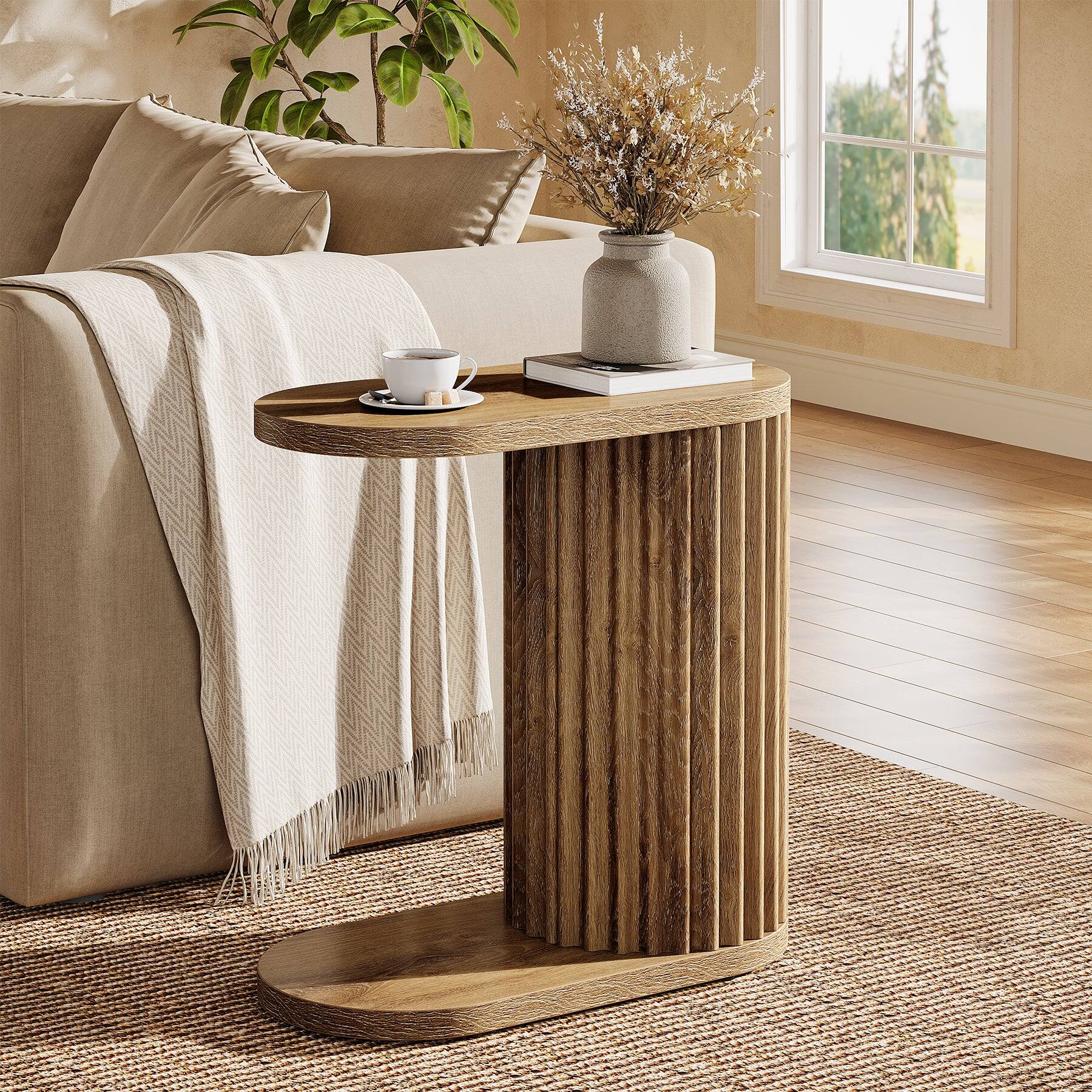 Back. Tribesigns - End Table with Engineered Wood Construction and Fluted Design for Books, Drinks and Everyday Essentials - Brown.