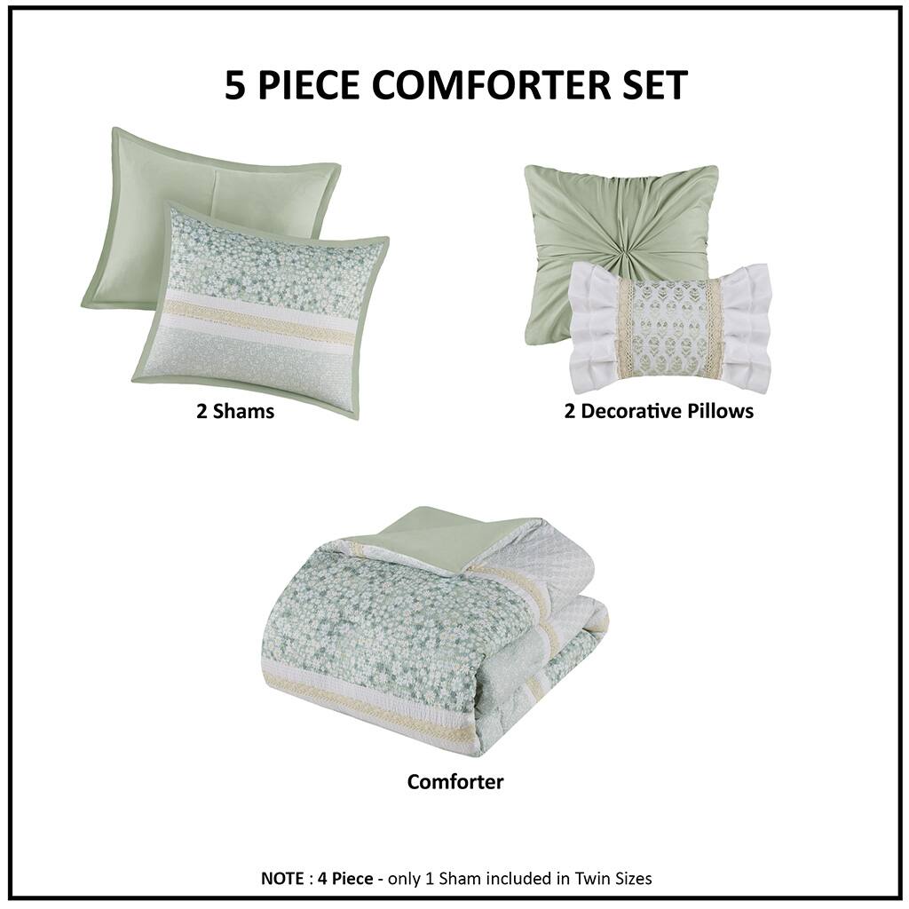 5 PIECE COMFORTER SET

2 Shams

2 Decorative Pillows

Comforter

NOTE: 4 Piece - only 1 Sham included in Twin Sizes
