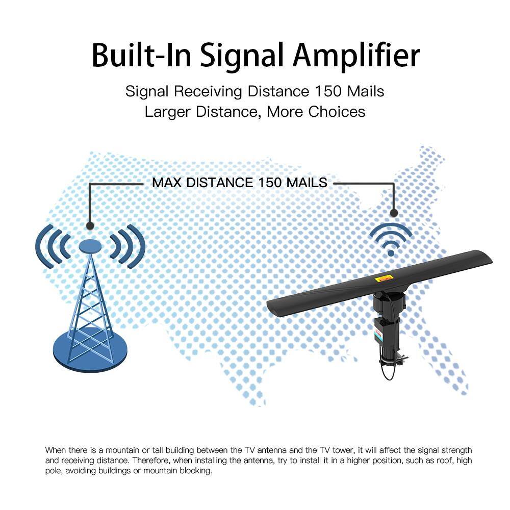 Built-In Signal Amplifier

Signal Receiving Distance 150 Mails
Larger Distance, More Choices

MAX DISTANCE 150 MAILS

When there is a mountain or tall building between the TV antenna and the TV tower, it will affect the signal strength and receiving distance. Therefore, when installing the antenna, try to install it in a higher position, such as roof, high pole, avoiding buildings or mountain blocking.