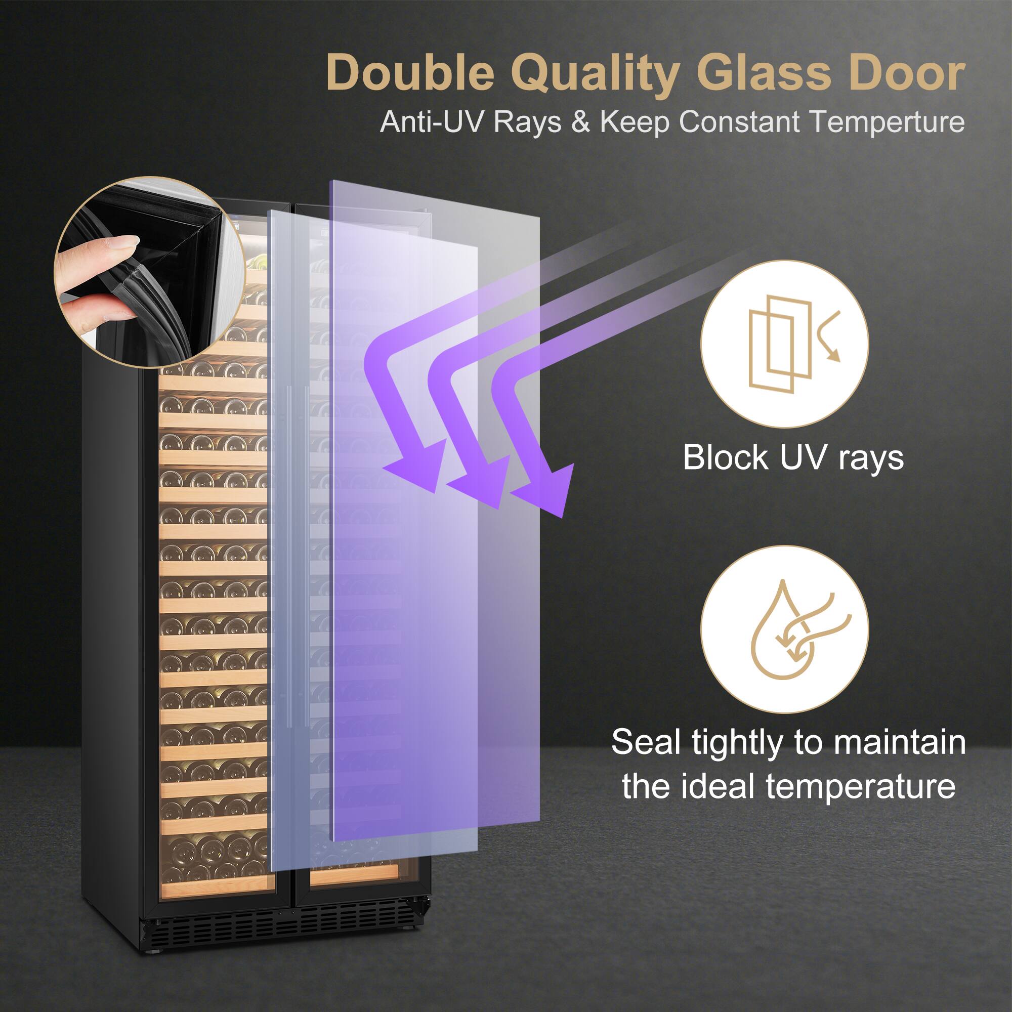 Double Quality Glass Door Anti-UV Rays & Keep Constant Temperature Block UV rays Seal tightly to maintain the ideal temperature.