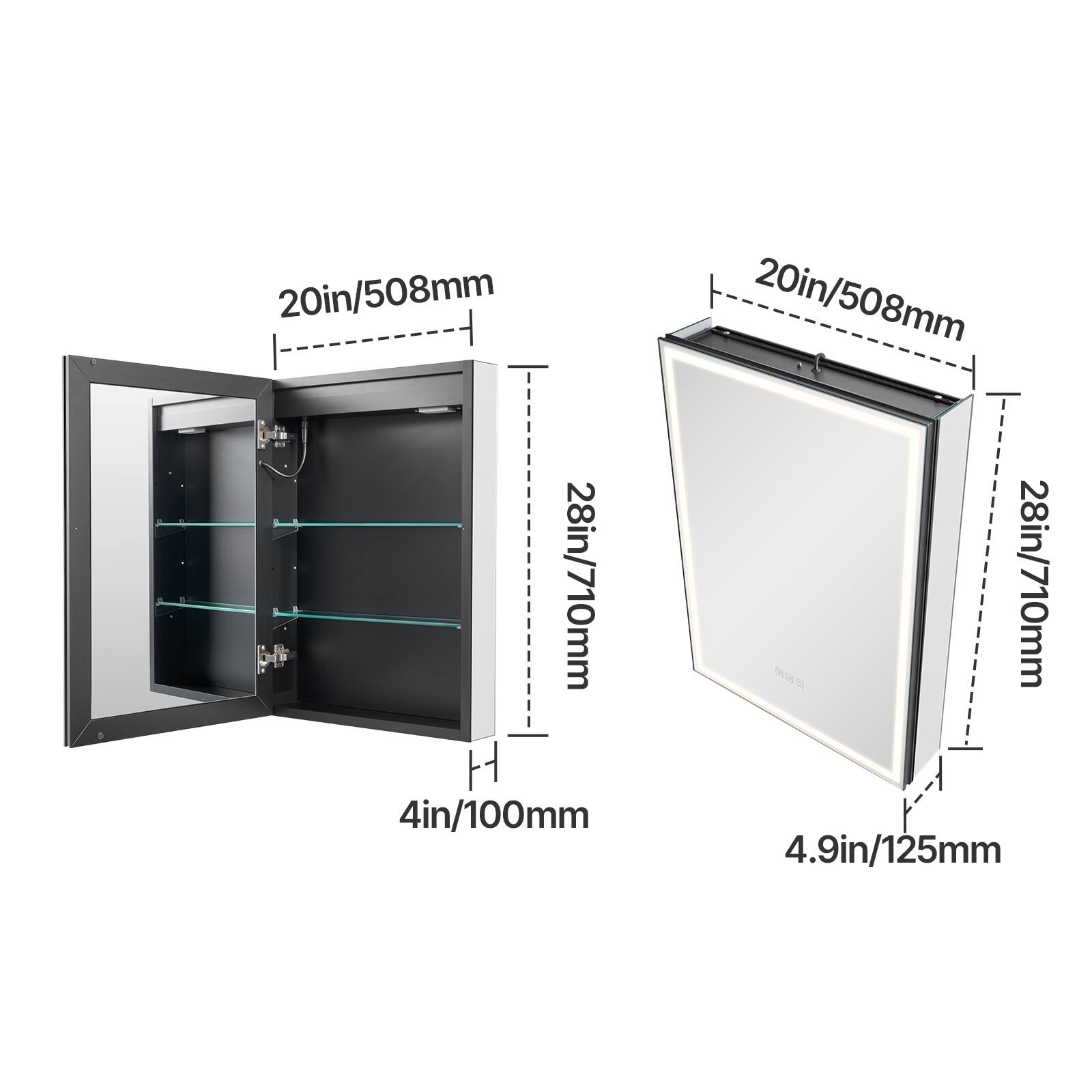 20in/508mm, 28in/710mm, 4in/100mm, 20in/508mm, 28in/710mm, 4.9in/125mm