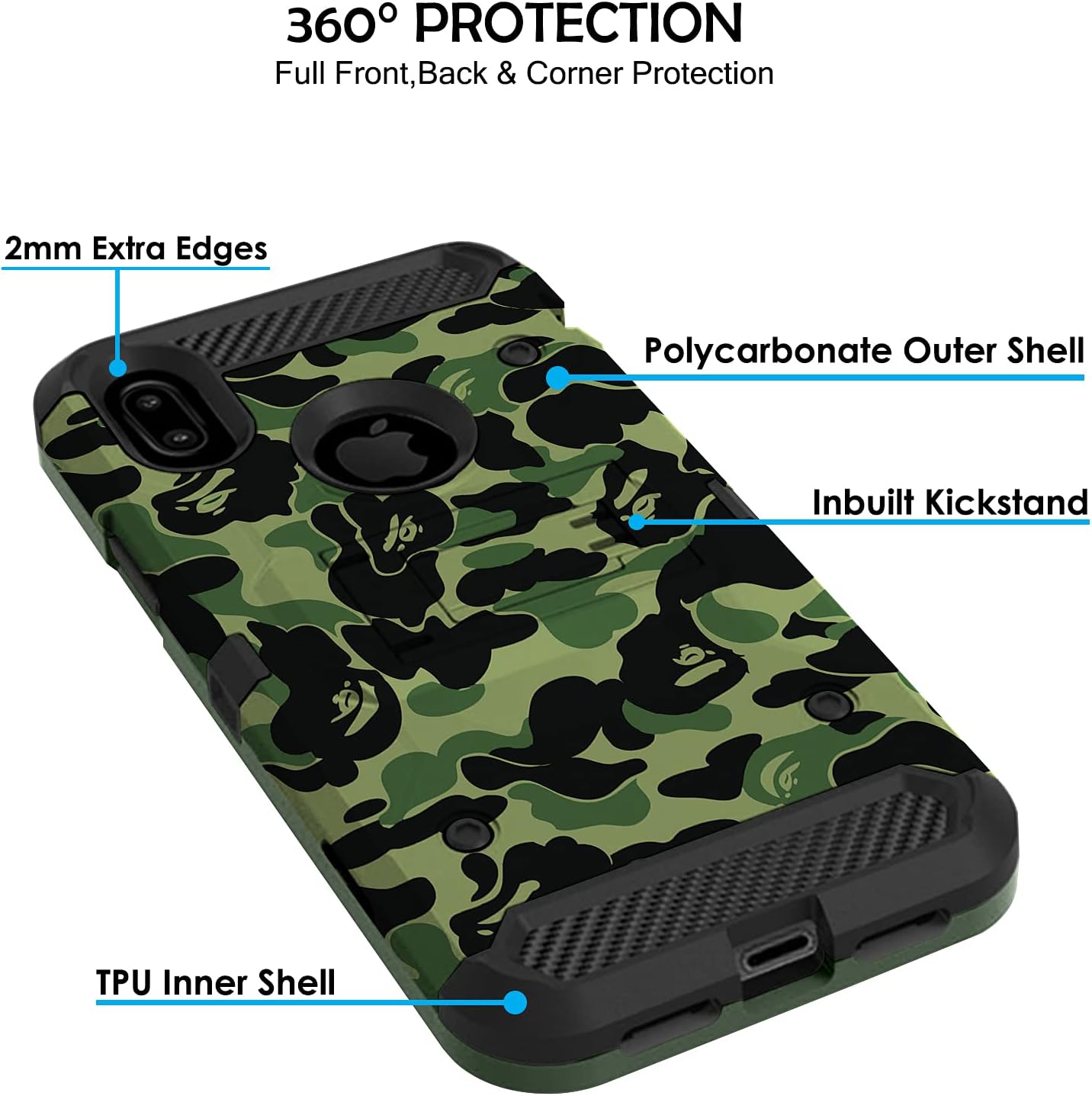 360° PROTECTION  
Full Front, Back & Corner Protection

2mm Extra Edges

Polycarbonate Outer Shell

Inbuilt Kickstand

TPU Inner Shell