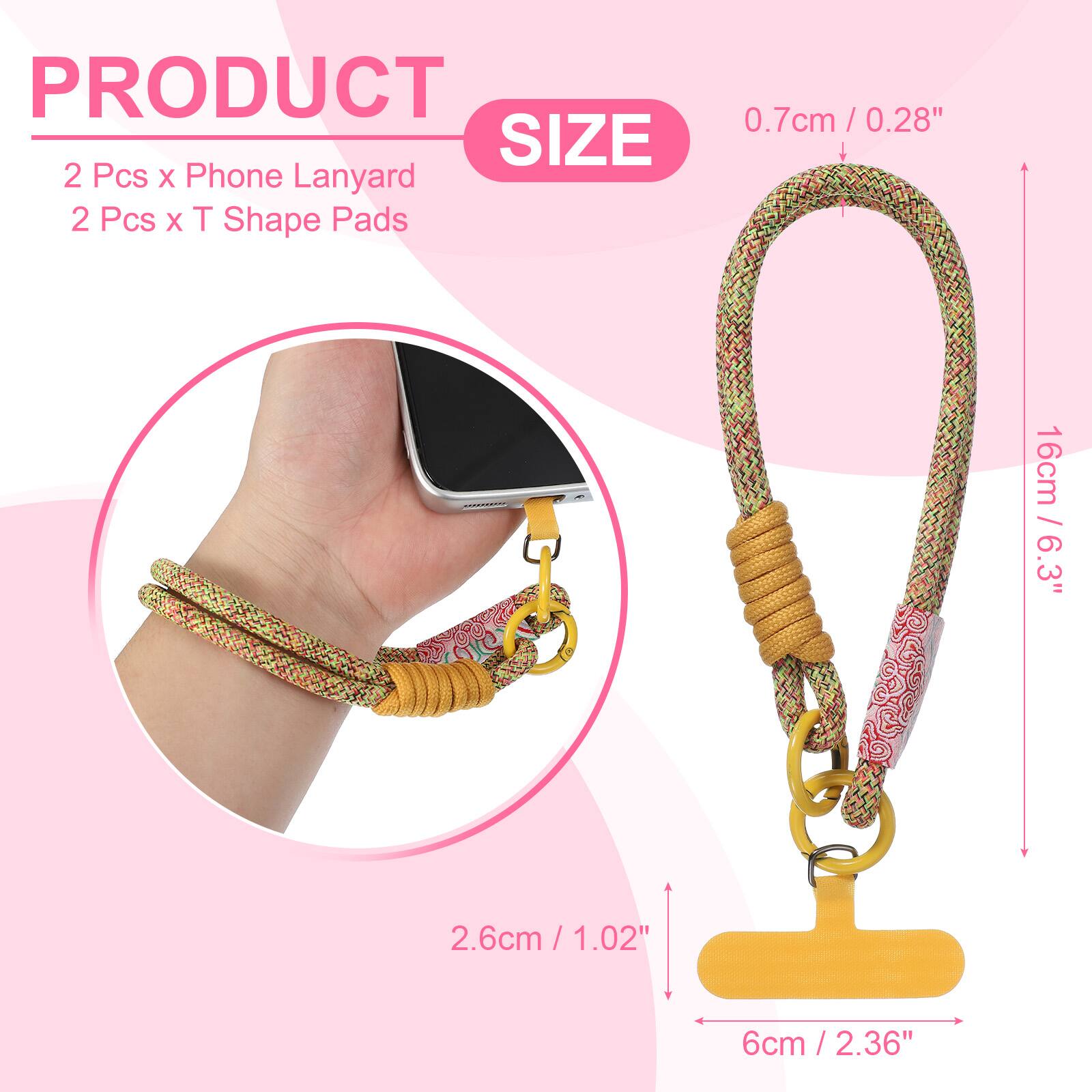 PRODUCT  
2 Pcs x Phone Lanyard  
2 Pcs x T Shape Pads  

SIZE  
0.7cm / 0.28"  
16cm / 6.3"  
2.6cm / 1.02"  
6cm / 2.36"