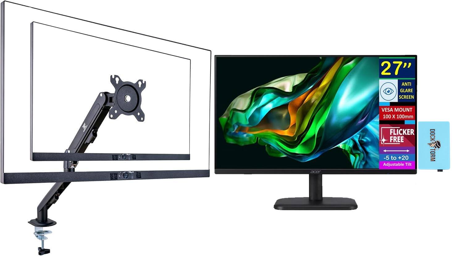 Acer - EK271 EBI 27" FHD IPS Monitor, Anti Glare, AMD FreeSync, (UM.HE1AA.E01) w/DKZ Hub & Ergoflexy Single Mount Arm - Black