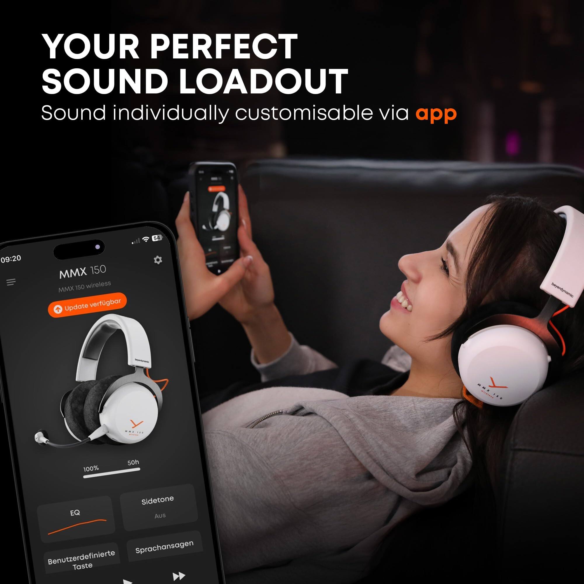 YOUR PERFECT SOUND LOADOUT  
Sound individually customisable via app  

MMX 150  
MMX 150 wireless  

Update verfügbar  

100%  
50h  

EQ  
Sidetone Aus  
Sprachansagen  
Benutzerdefinierte Taste