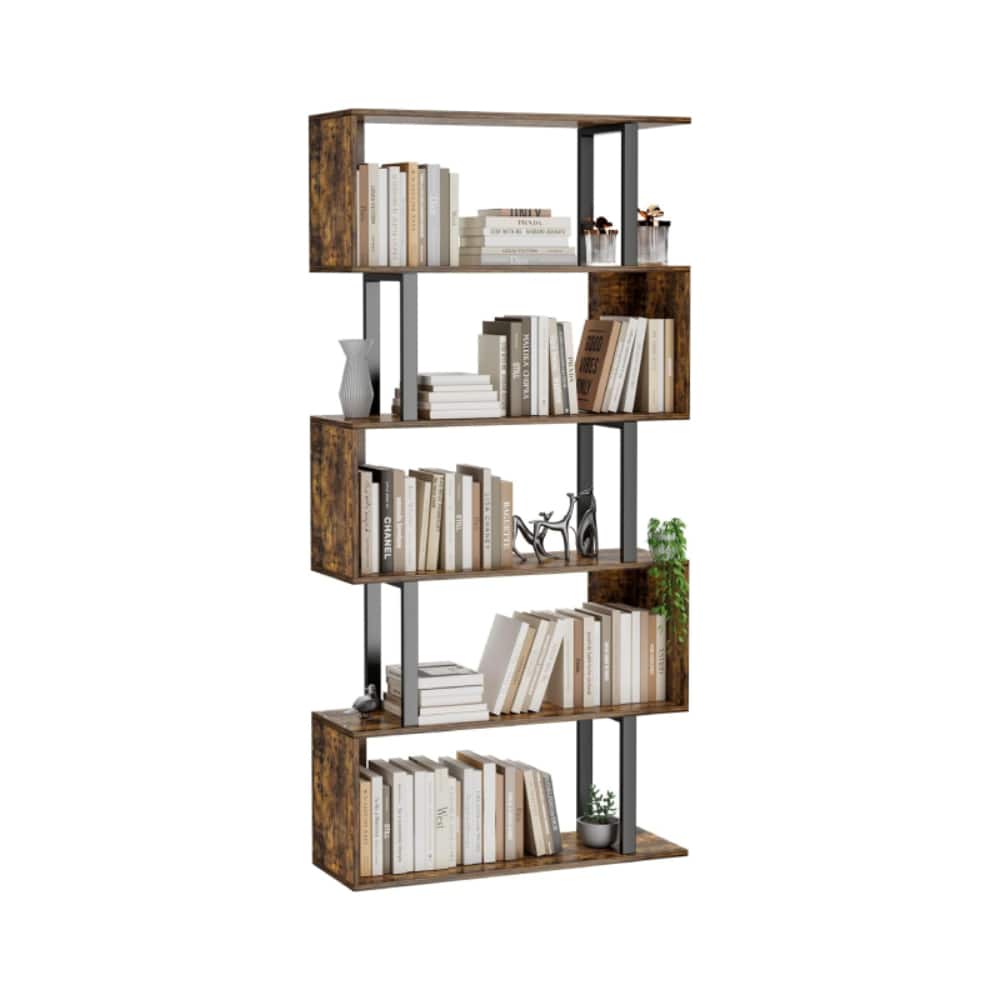 Fabibe - Geometric Wood S-Shaped Decorative Bookshelf - Rustic Brown