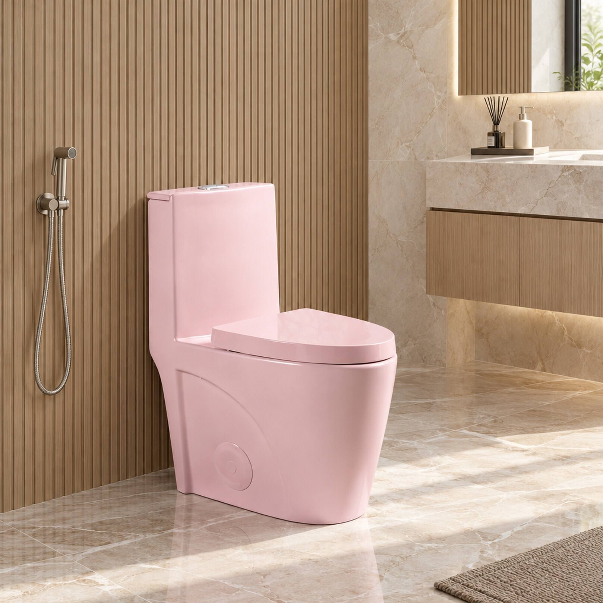 Angle. RYHNUYNE - One Piece Toilet, Dual Flush Elongated Comfort Height Floor Mounted Soft Close Seat 1000 Gram Flush Score - Rose Pink.