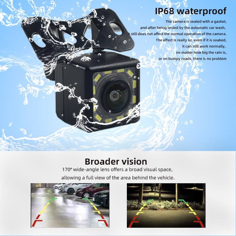 IP68 waterproof  
The camera is sealed with a gasket, and after being tested by the automatic car wash, it still does not affect the normal operation of the camera. The effect is really so, even if it is soaked, it can still work normally, no matter how big the rain is, or on bumpy roads, there is no problem.

Broader vision  
170° wide-angle lens offers a broad visual space, allowing a full view of the area behind the vehicle.