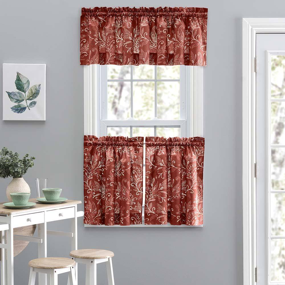 Angle. Ellis Curtain - Ellis Curtain Lexington Leaf Pattern on Colored Ground Curtain Tiers 56"x24" Brick - Brick.