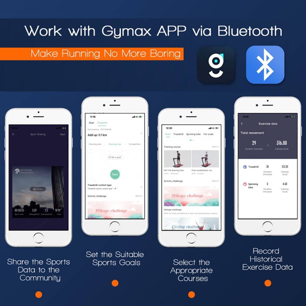 Work with Gymax APP via Bluetooth  
Make Running No More Boring  

- Sport Sharing  
- Add 0.1 km  
- 12:30  
- Tresdrul Spurwing  
- The Fat  
- Exercise data  
- Total movement  
- Training - 29 316.80  
- Treadmill 2 239  
- Start  
- Activity challenge  
- Spinning  
- Mileage challenge  
- 00:00  
- Mileage challenge  
- Cycling challenge  
- Share the Sports Data to the Community  
- Set the Suitable Sports Goals  
- Select the Appropriate Courses  
- Record Historical Exercise Data