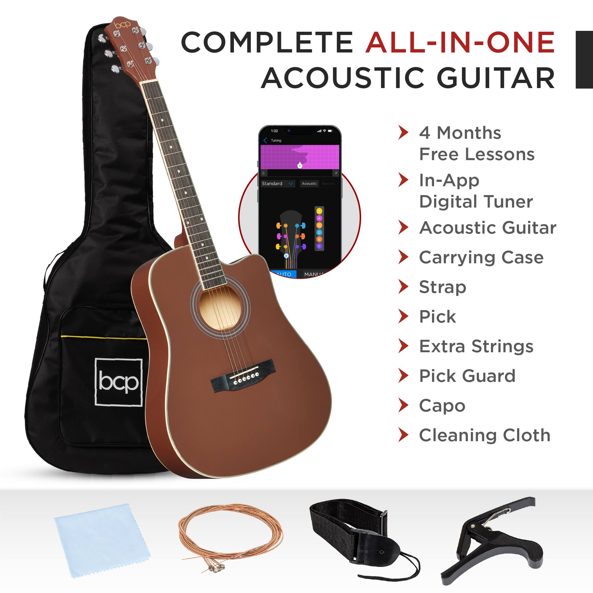 COMPLETE ALL-IN-ONE ACOUSTIC GUITAR

- 4 Months Free Lessons
- In-App Digital Tuner
- Acoustic Guitar
- Carrying Case
- Strap
- Pick
- Extra Strings
- Pick Guard
- Capo
- Cleaning Cloth