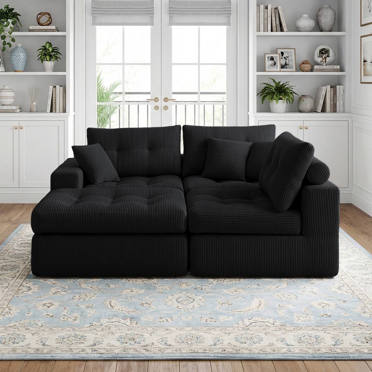 Angle. Ropilly - Ropilly Black Corduroy Sectional Sofa, L Shaped Chaise Couch Convertible Sofa Bed - Black.