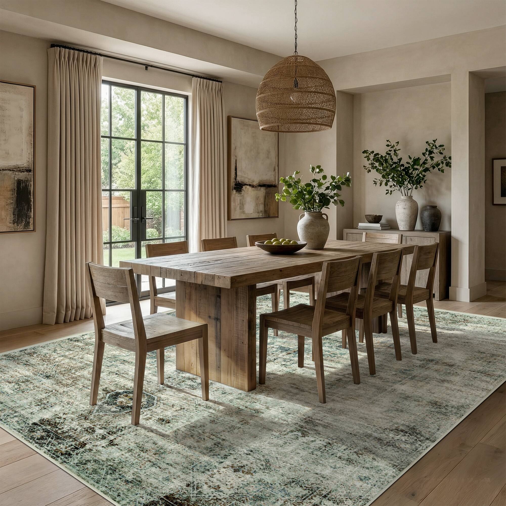 Alt View 2. KERDOM - Boho Vintage Large Area Rug 8x10 ft Machine Washable for Living Room, Bedroom & Dining Room, Non Slip Soft Low Pile Thin - Moss Green.