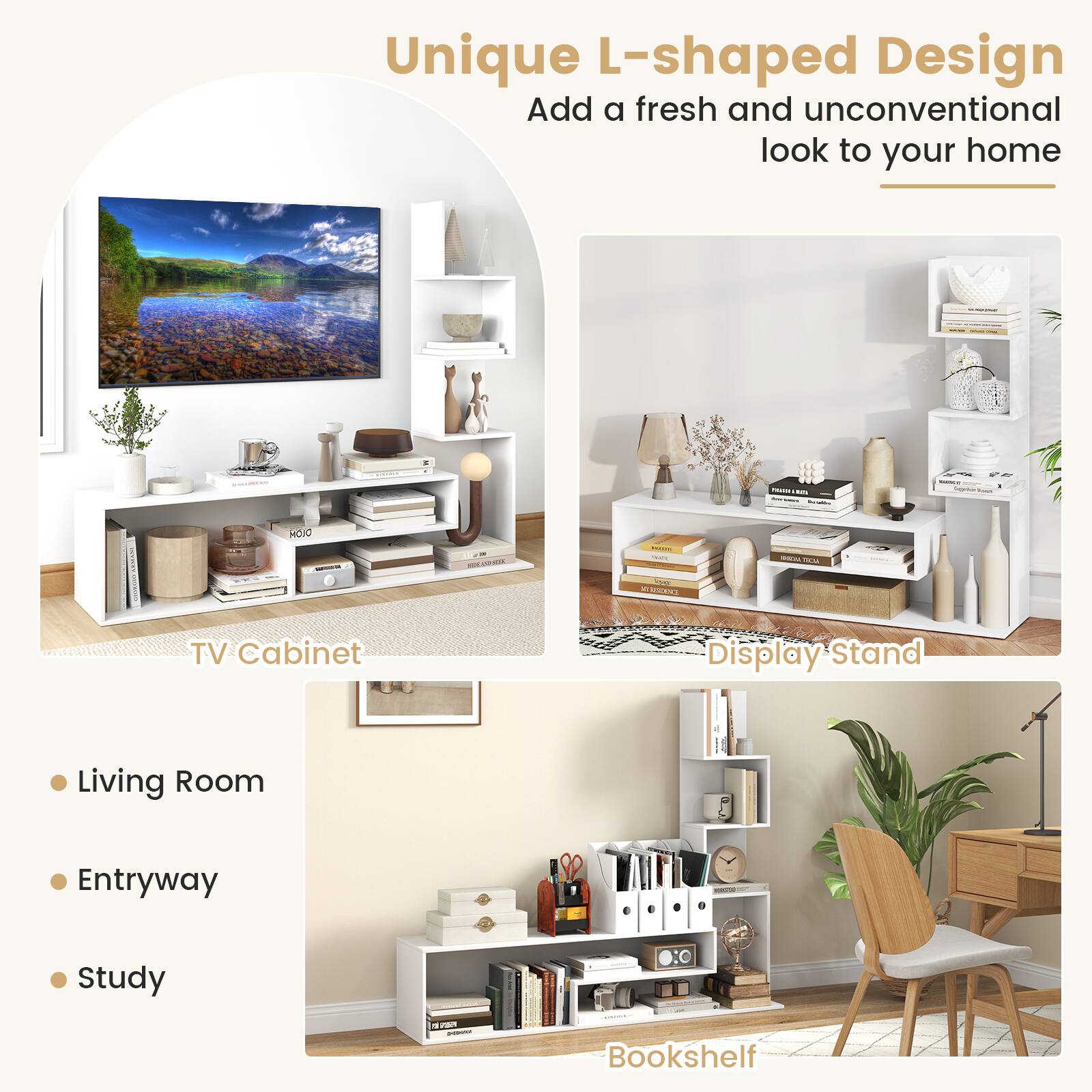 Unique L-shaped Design Add a fresh and unconventional look to your home

- TV Cabinet
- Display Stand
- Living Room
- Entryway
- Study
- Bookshelf