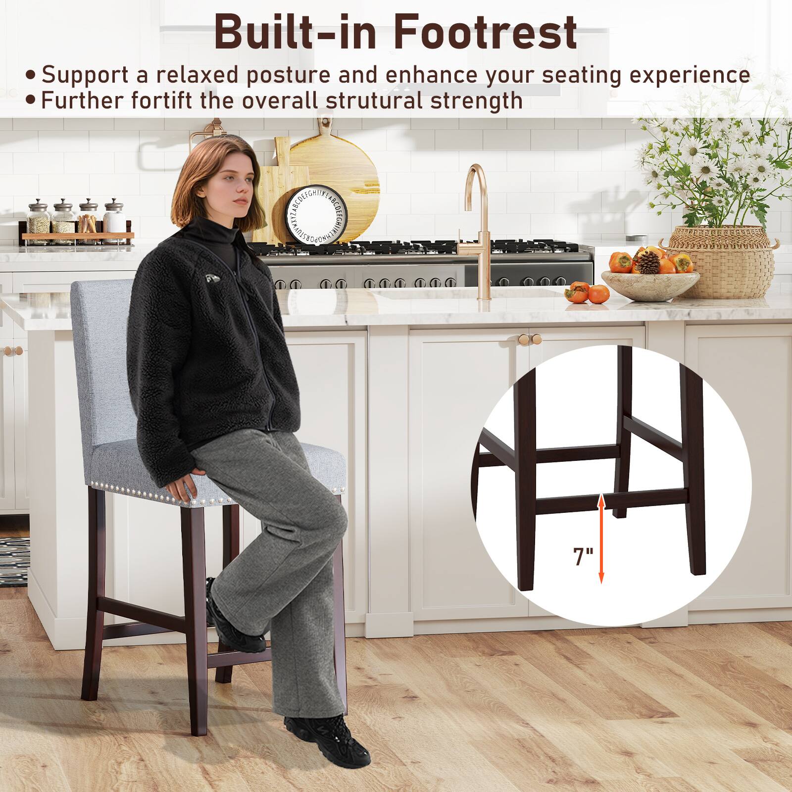 Built-in Footrest  
- Support a relaxed posture and enhance your seating experience  
- Further fortify the overall structural strength  

7"