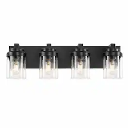RYHNUYNE - 4-Light Matte Black Bathroom Vanity Light with Clear Glass Shades, Modern Farmhouse Wall Fixture for Mirror, Bedroom