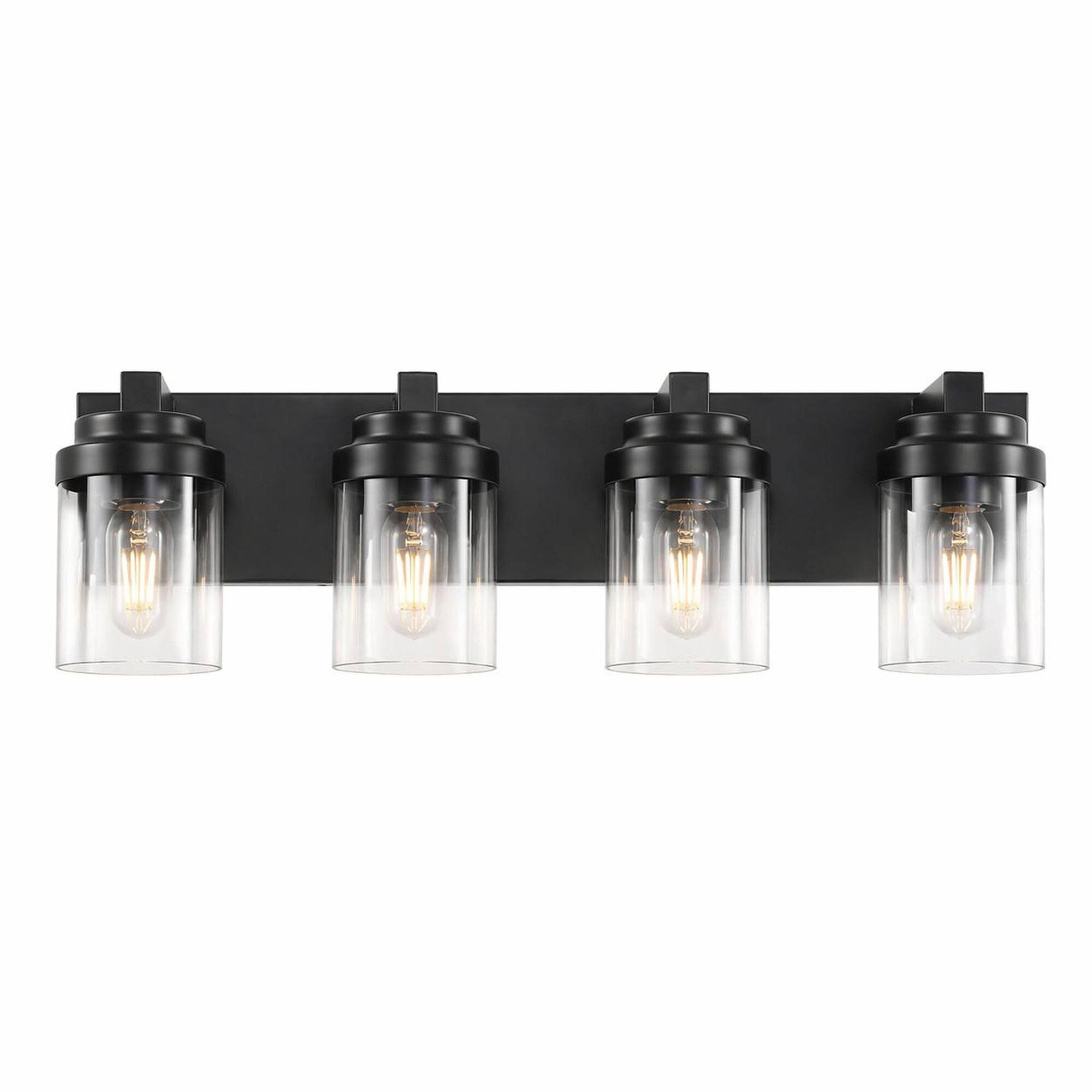 RYHNUYNE - 4-Light Matte Black Bathroom Vanity Light with Clear Glass Shades, Modern Farmhouse Wall Fixture for Mirror, Bedroom