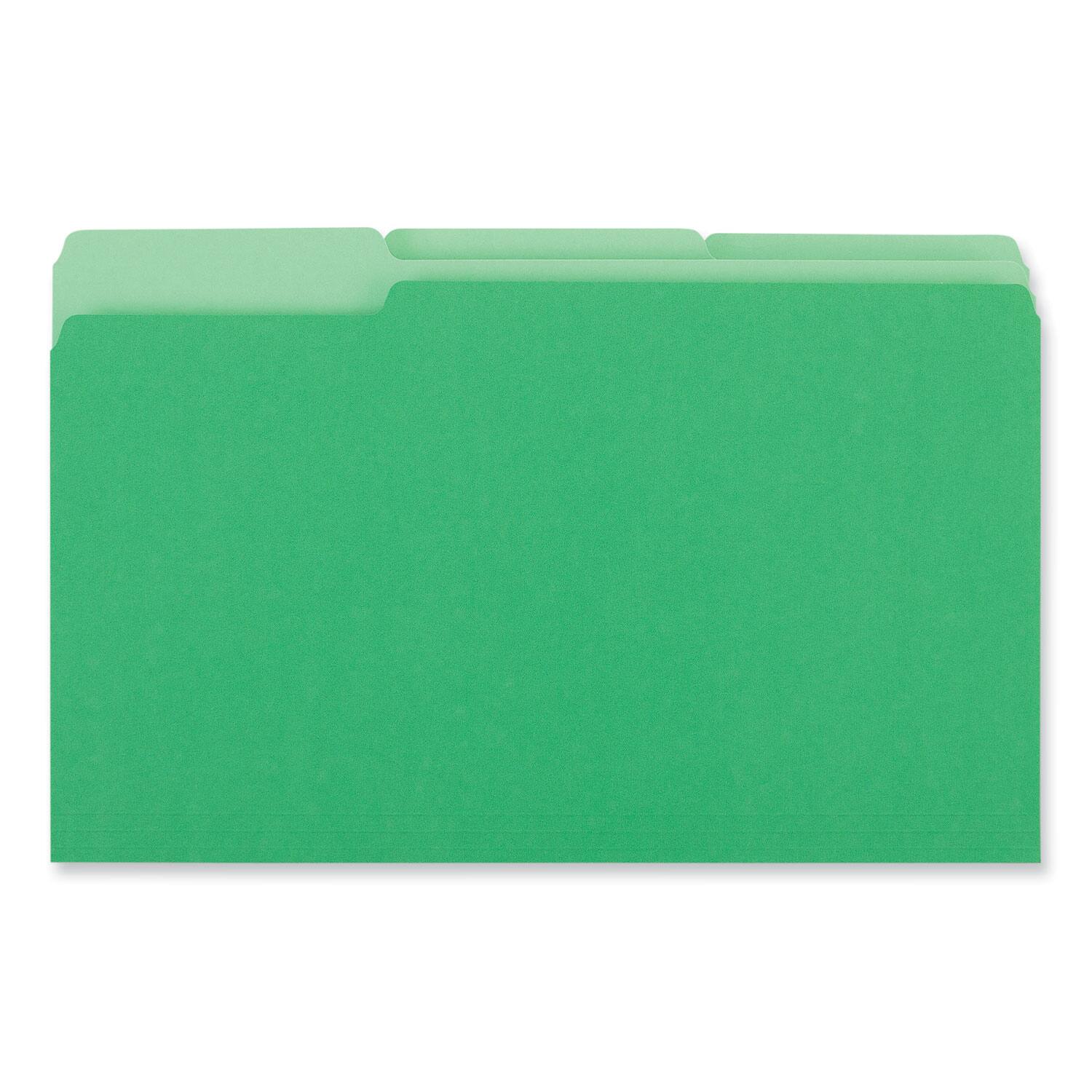 Left. Universal - Interior File Folders, 1/3-Cut Tabs: Assorted, Legal Size, 11-pt Stock, Green, 100/Box.