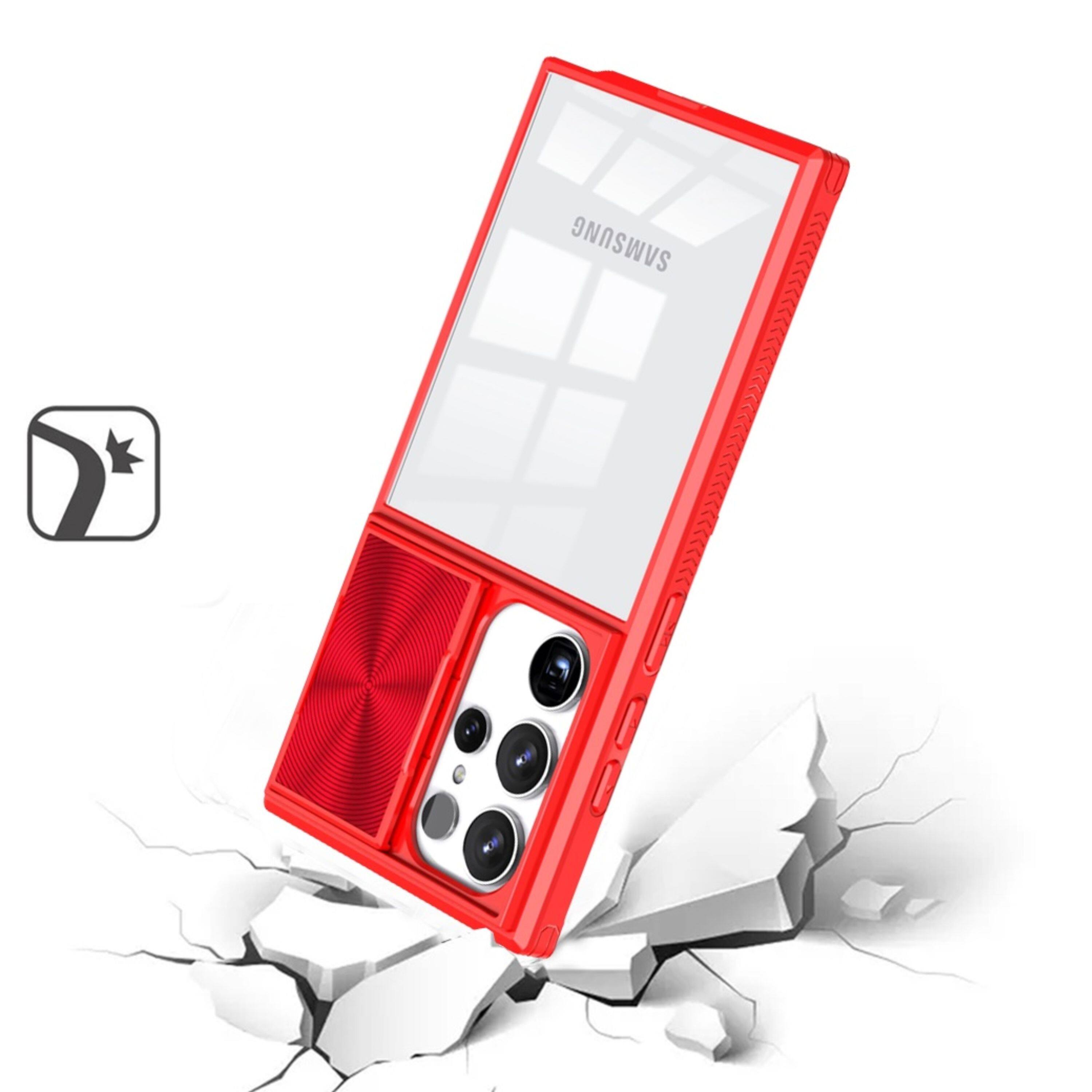 Angle. Kitcheniva - Rugged Hybrid Clear Back Rear Lens Sliding Cover Phone Case For Samsung Galaxy S24 Red - Red.