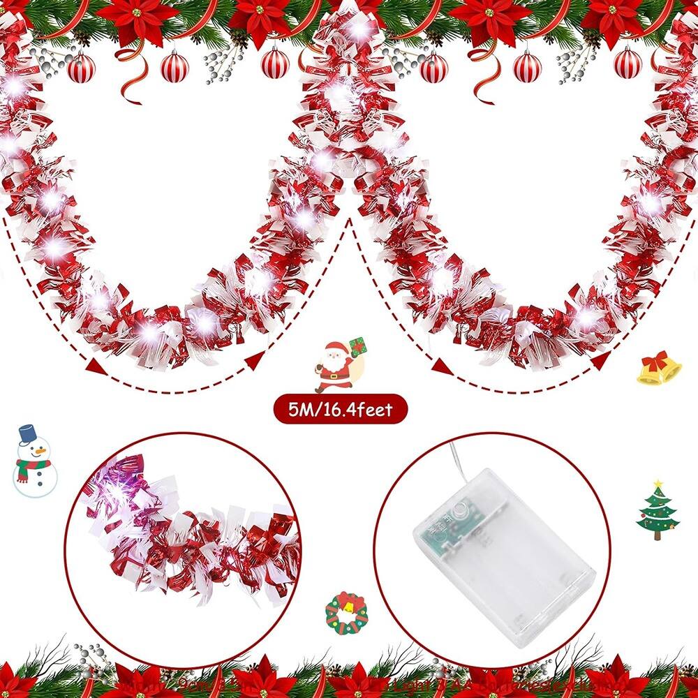 Angle. PARKER SLATER - 16FT Lighted Christmas Tinsel Garland with 50 LED Lights, Metallic Foil - White, Red.