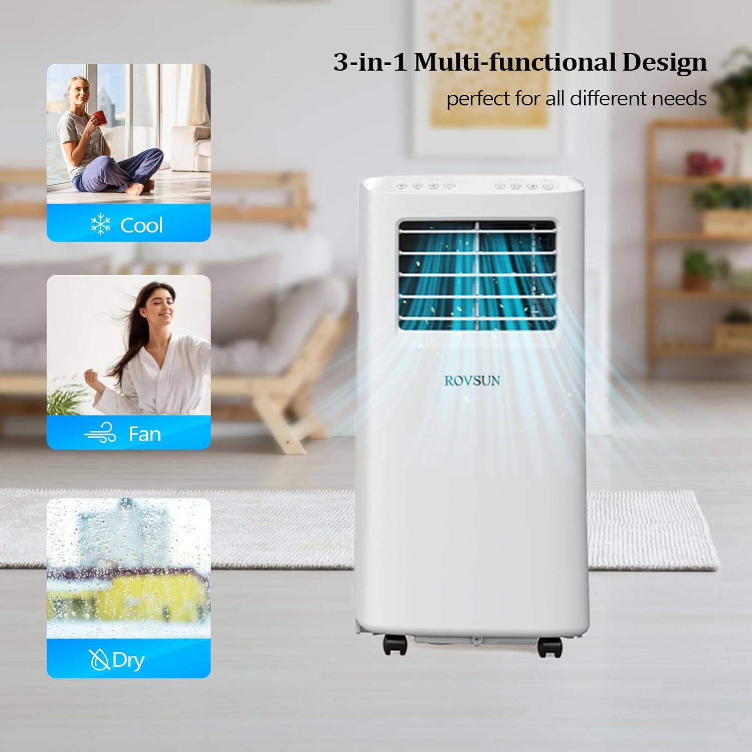 3-in-1 Multi-functional Design  
perfect for all different needs  

Cool  
Fan  
Dry  

ROVSUN