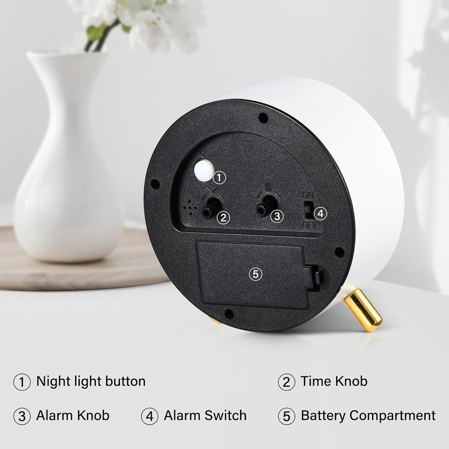 1. Night light button  
2. Time Knob  
3. Alarm Knob  
4. Alarm Switch  
5. Battery Compartment
