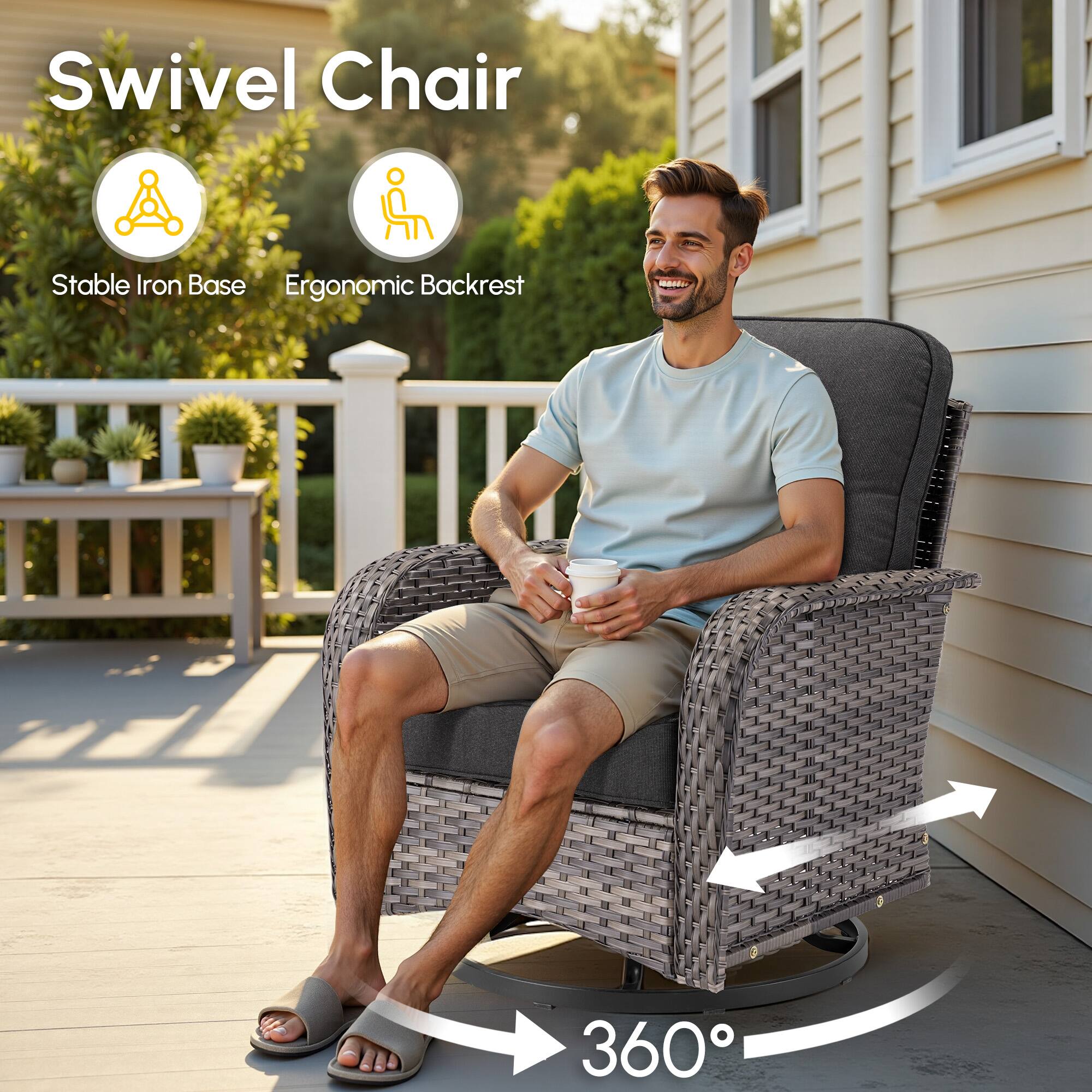 Swivel Chair  
Stable Iron Base  
Ergonomic Backrest  
360°
