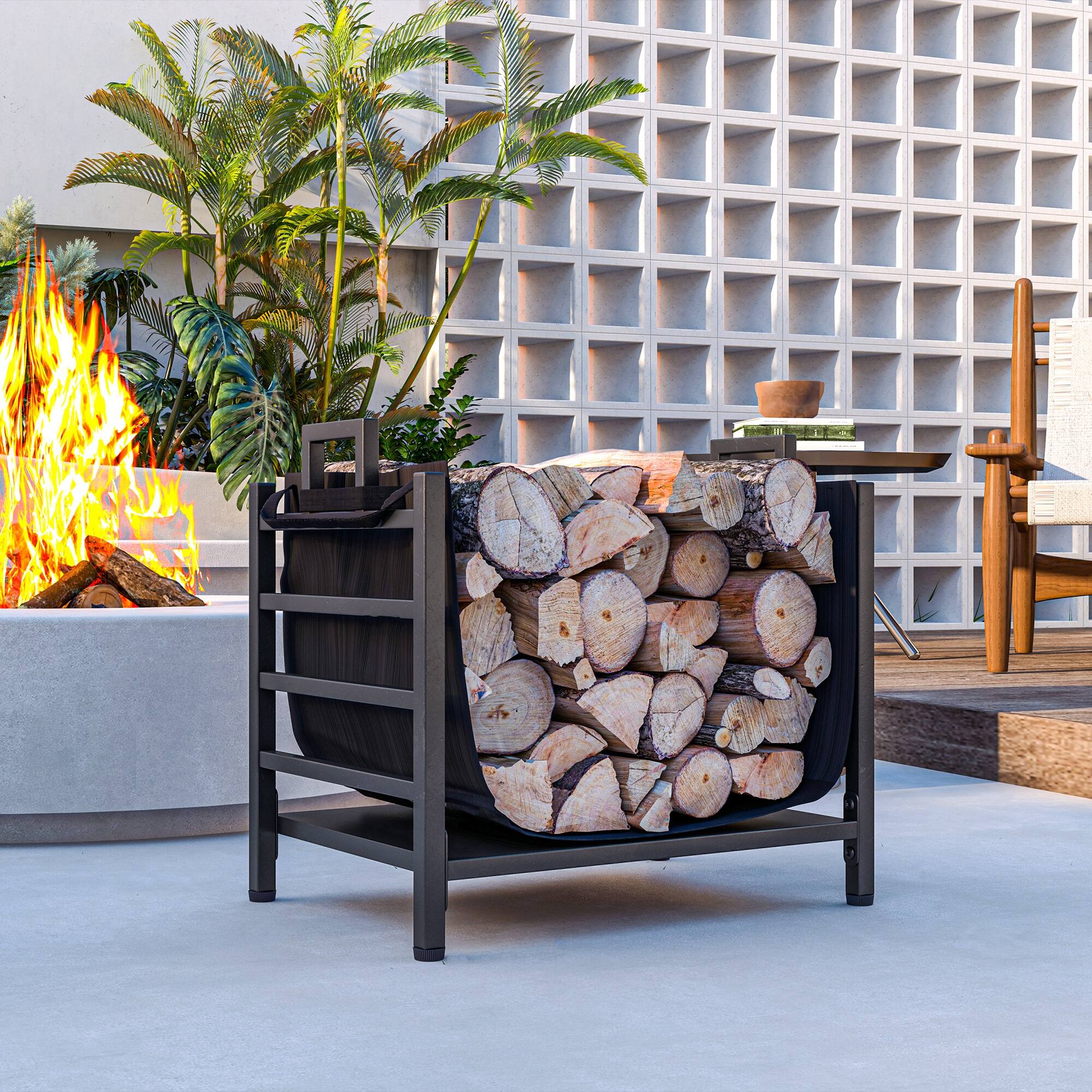 Alt View 4. Outsunny - Outsunny 19 Inch Firewood Rack Outdoor Indoor Firewood Holder with Removable Log Carrier - Black.