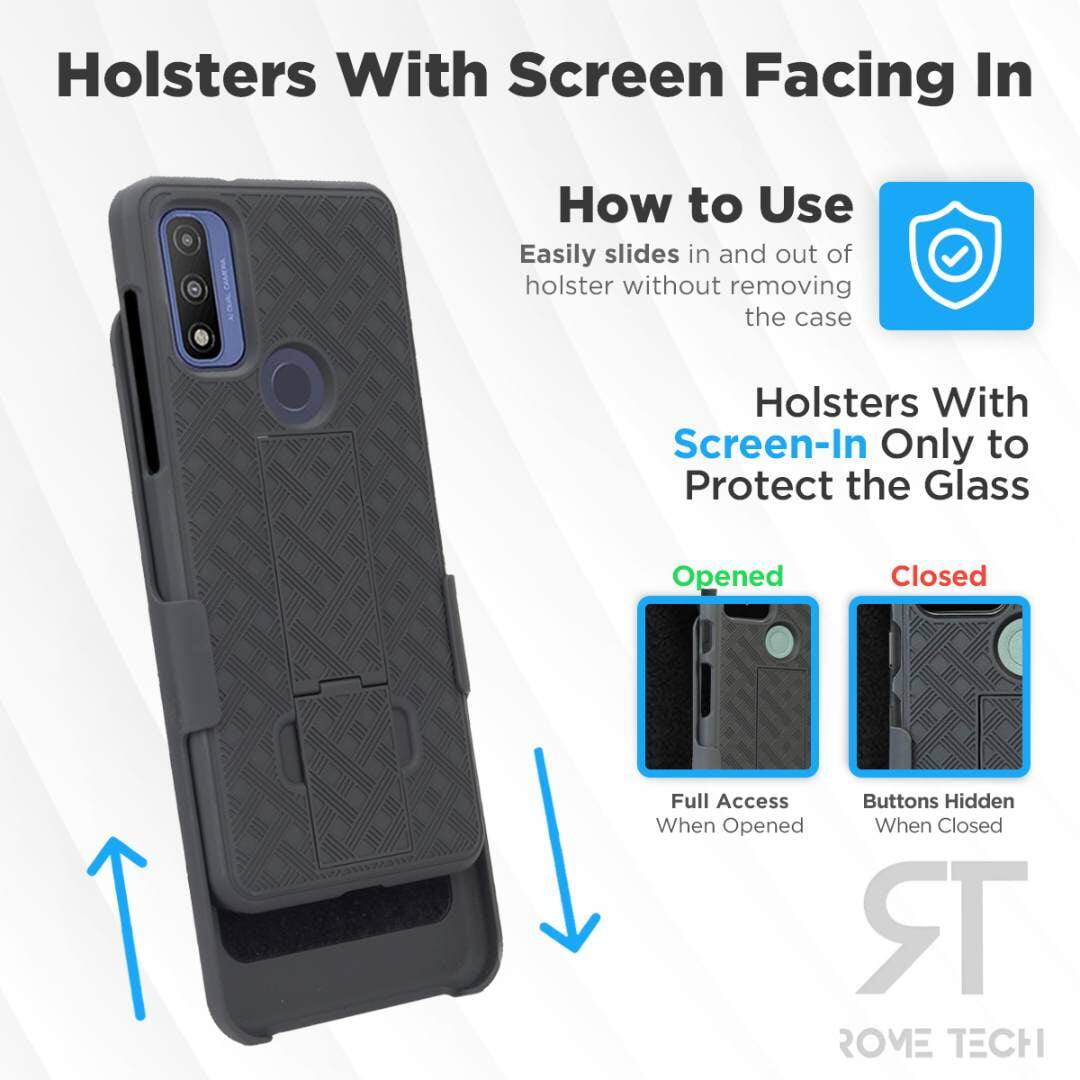 Holsters With Screen Facing In

How to Use  
Easily slides in and out of holster without removing the case

Holsters With Screen-In Only to Protect the Glass

Opened  
Full Access When Opened

Closed  
Buttons Hidden When Closed

ROVE TECH