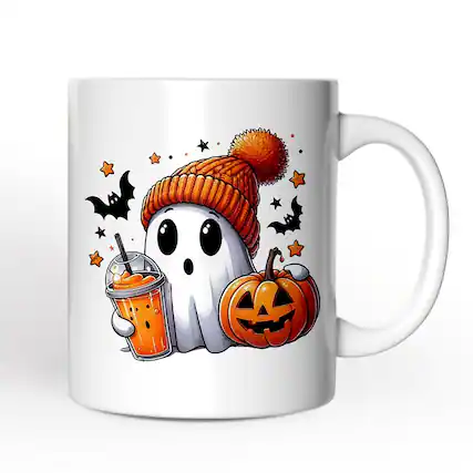 Front. OrnamentallyYou - Cute Ghost with Coffee Drink, Halloween Mug, Fun Boujee Gift - White.