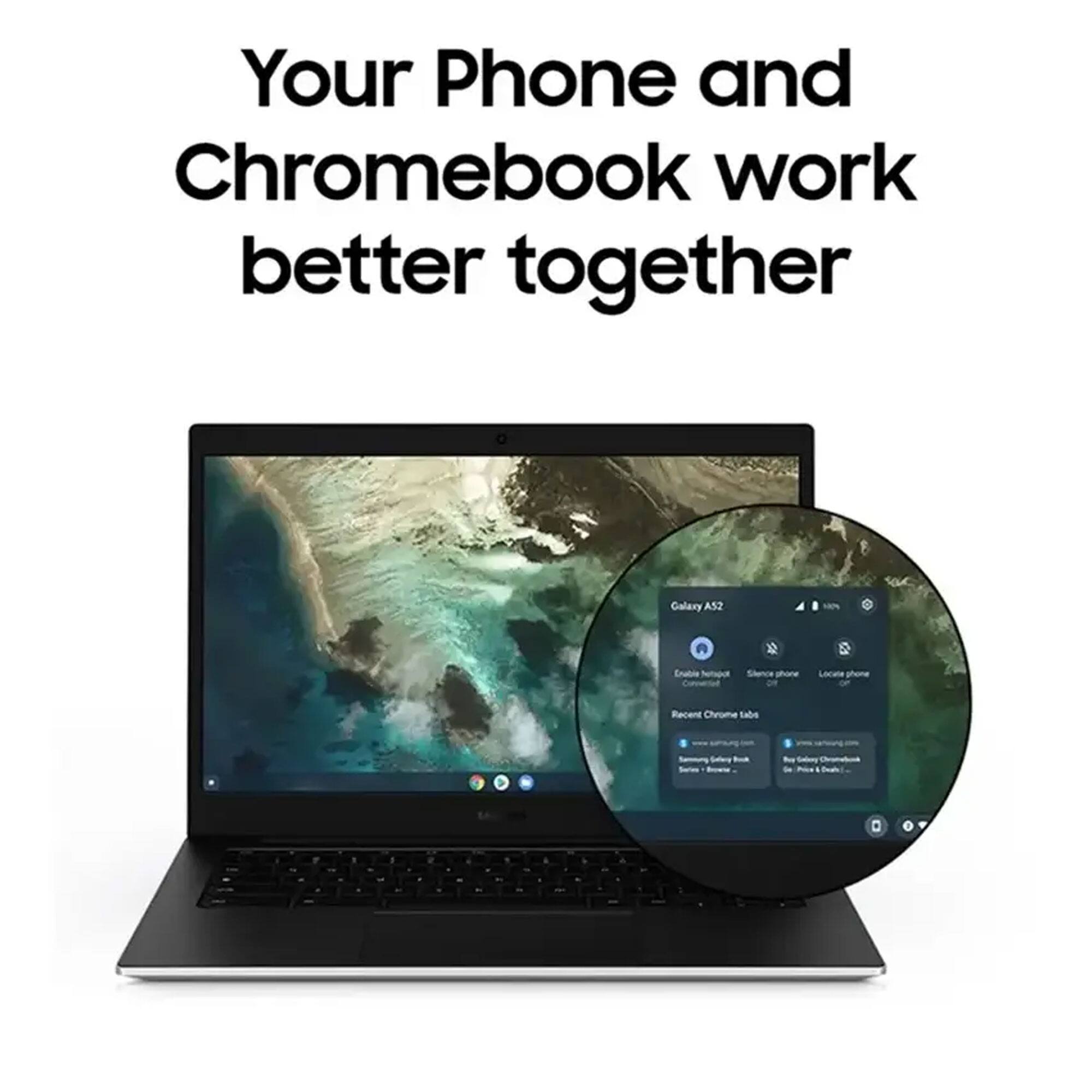Your Phone and Chromebook work better together

Galaxy A52
- Enable hotspot
- Silence phone
- Locate phone

Recent Chrome tabs
- Samsung Family Bank
- Samsung Family Bank
- Start 'Inbox'...
- Go to 'Inbox'...