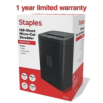 1 year limited warranty

Staples
150-Sheet Micro-Cut Shredder
Heavy Use

Shreds:
- Paper
- Credit cards
- Staples

30m
40 min

P4 SECURITY LEVEL

7.4gal CONTAINER

ST62157