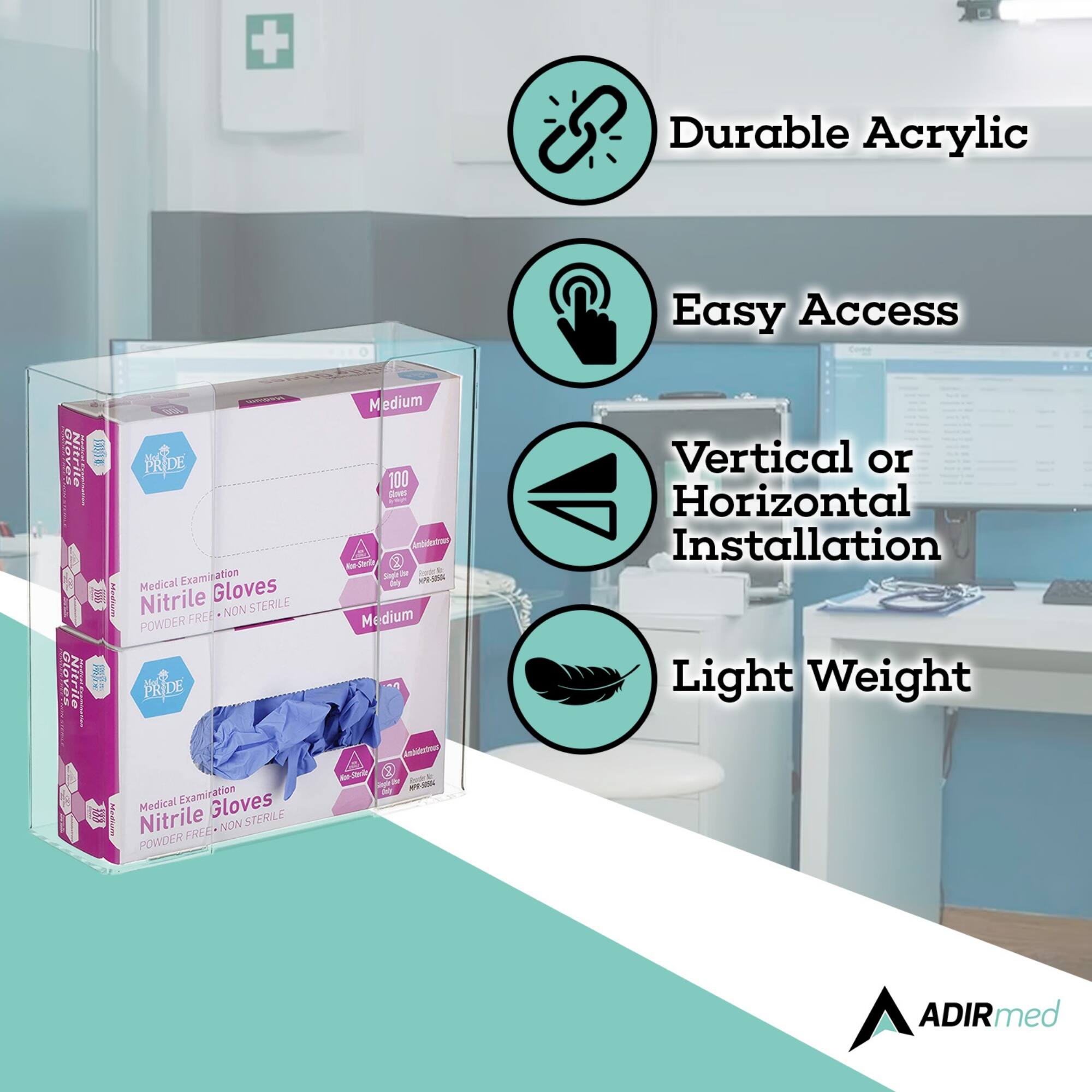 Durable Acrylic, Easy Access, Vertical or Horizontal Installation, Light Weight, PRIDE Medical Examination Gloves, Nitrile Gloves, NON STERILE, POWDER FREE, 100 Medium, ADIRmed