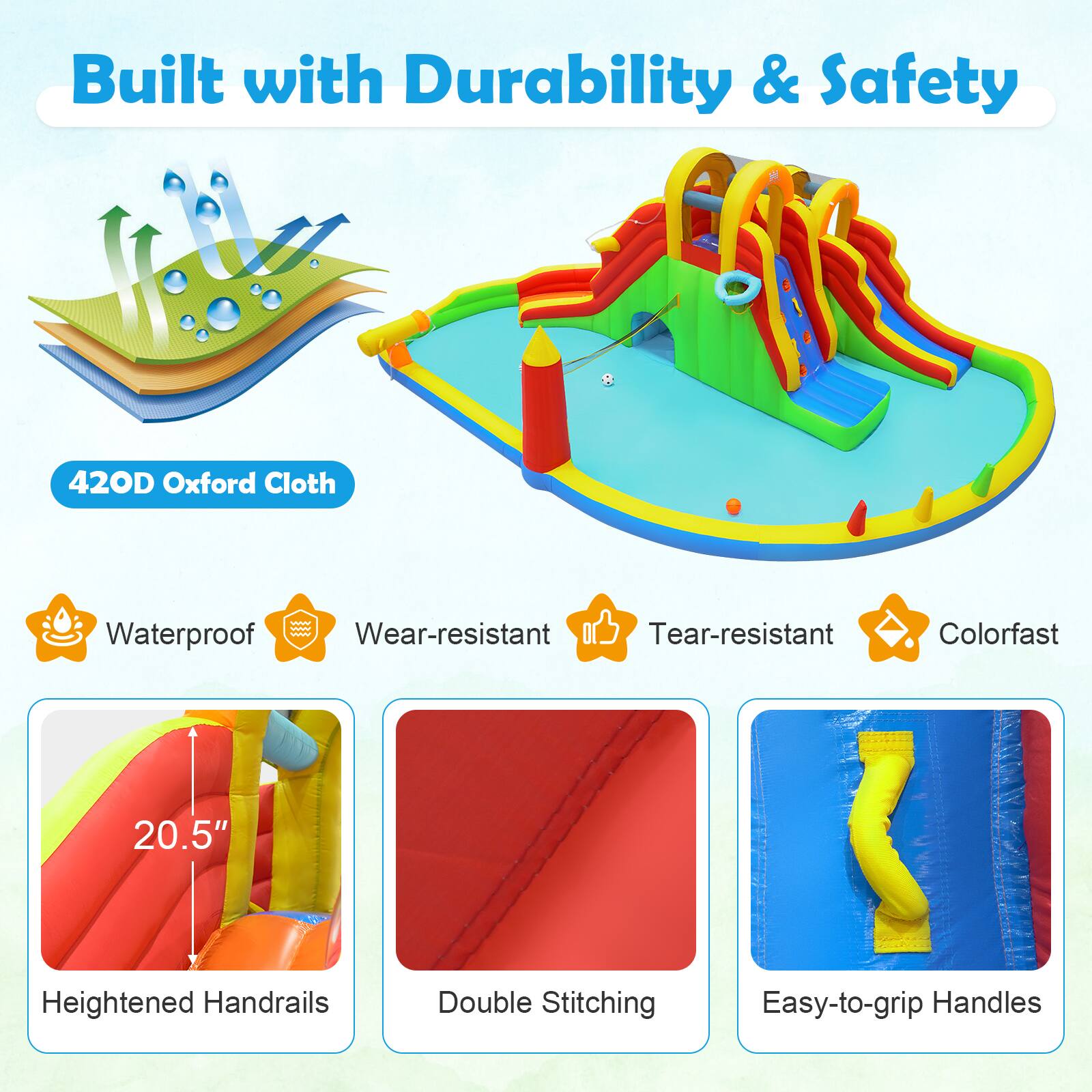 Built with Durability & Safety

- 420D Oxford Cloth
- Waterproof
- Wear-resistant
- Tear-resistant
- Colorfast

- 20.5" Heightened Handrails
- Double Stitching
- Easy-to-grip Handles