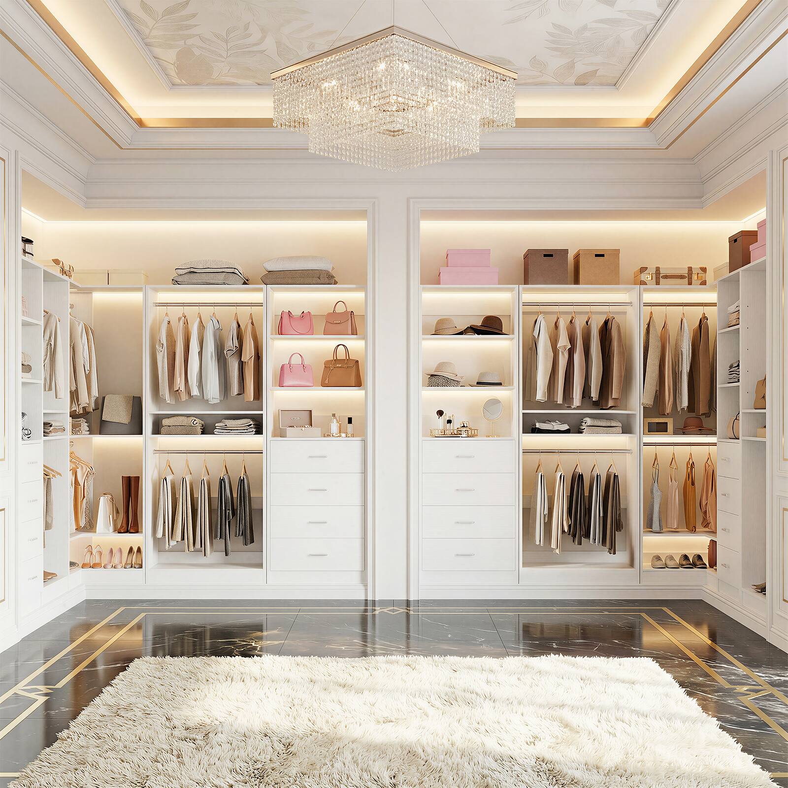 Back. Aheaplus - 46.3" Walk-in Closet Organizer System with 4 Wooden Drawers and 2 Hanging Rods - White.