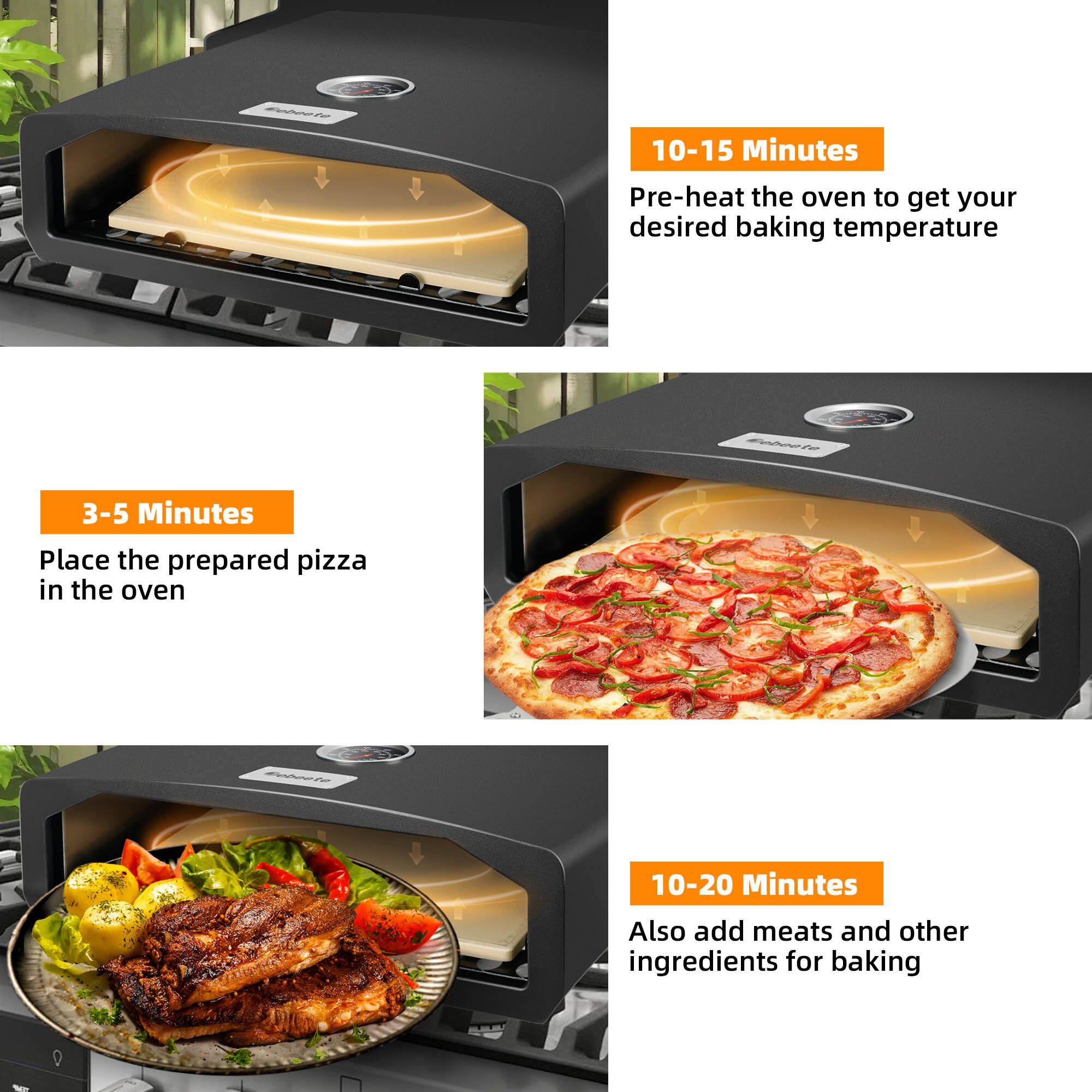 10-15 Minutes  
Pre-heat the oven to get your desired baking temperature  

3-5 Minutes  
Place the prepared pizza in the oven  

10-20 Minutes  
Also add meats and other ingredients for baking