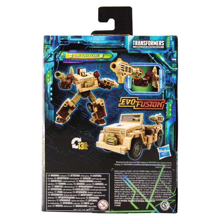 TRANSFORMERS  
DETRITUS  
EVO FUSION  

WARNING: CHOKING HAZARD - Small parts. Not for children under 3 years.  

ATTENTION: RISQUE DE SOUFFOCATION - Petites pièces. Ne convient pas aux enfants de moins de 3 ans.  

ADVERTENCIA: PELIGRO DE AHOGAMIENTO - Piezas pequeñas. No es adecuado para niños menores de 3 años.  

AVVERTENZA: RISCHIO DI SOFFOCAMENTO - Piccoli oggetti. Non adatto ai bambini sotto i 3 anni.  

WAARSCHUWING: VERKRIJNINGSGEVAAR - Klein onderdelen. Niet geschikt voor kinderen onder 3 jaar.  

VARNING: ÖVERGIVNINGSGÅR - Små delar. Inte lämpigt för barn under 3 år.  

ADVARSEL: UPPSÖKELSERISIKO - Små delar. Inte lämpigt för barn under 3 år.  

VAROITUS: KÄYTTÖÄNTOHÄRÄ - Pienet os