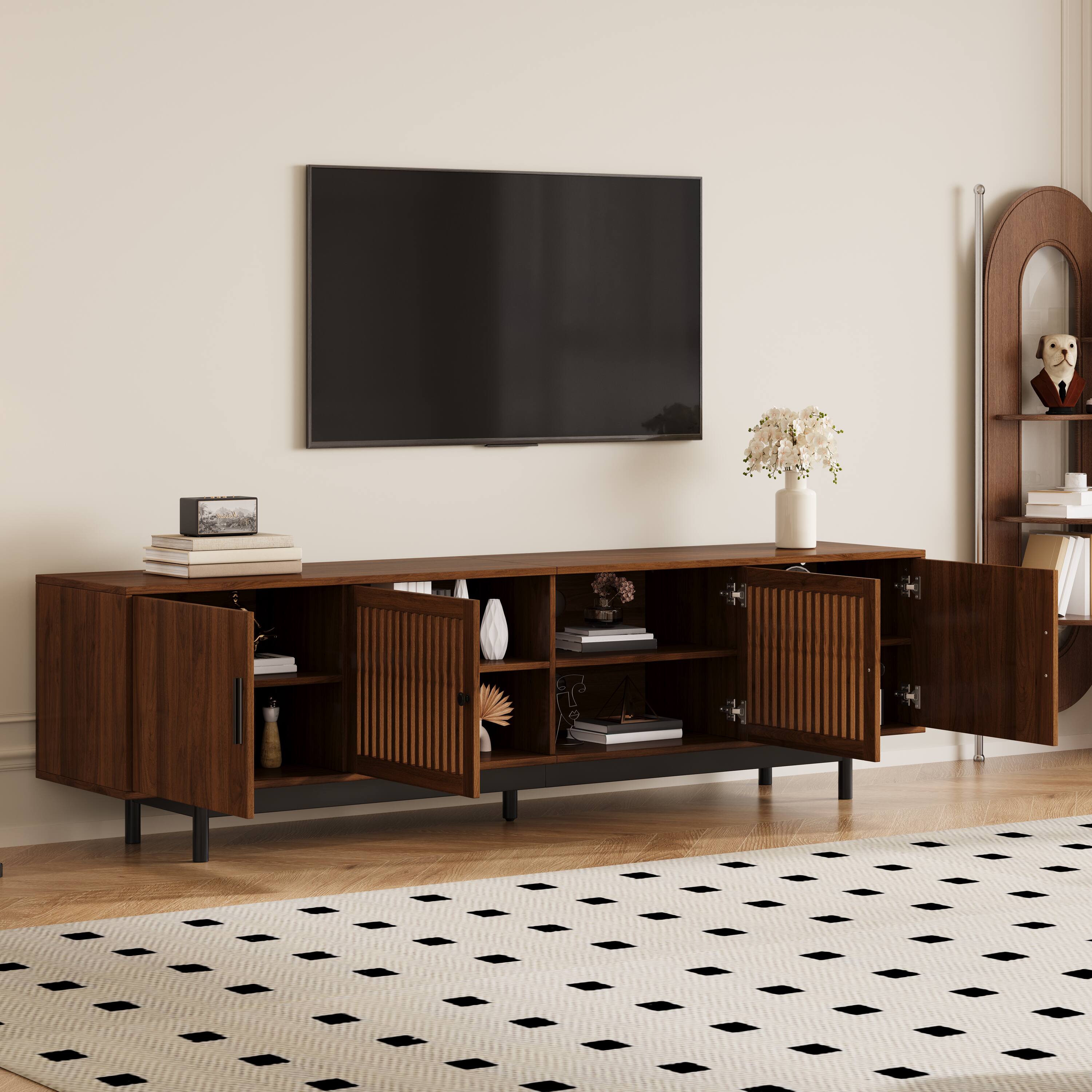 Left. MERAVOM - Mid-Century Modern TV Stand for TVs Up to 85", Entertainment Center with Storage,TV Console with 4 Doors for Living Room - Walnut.