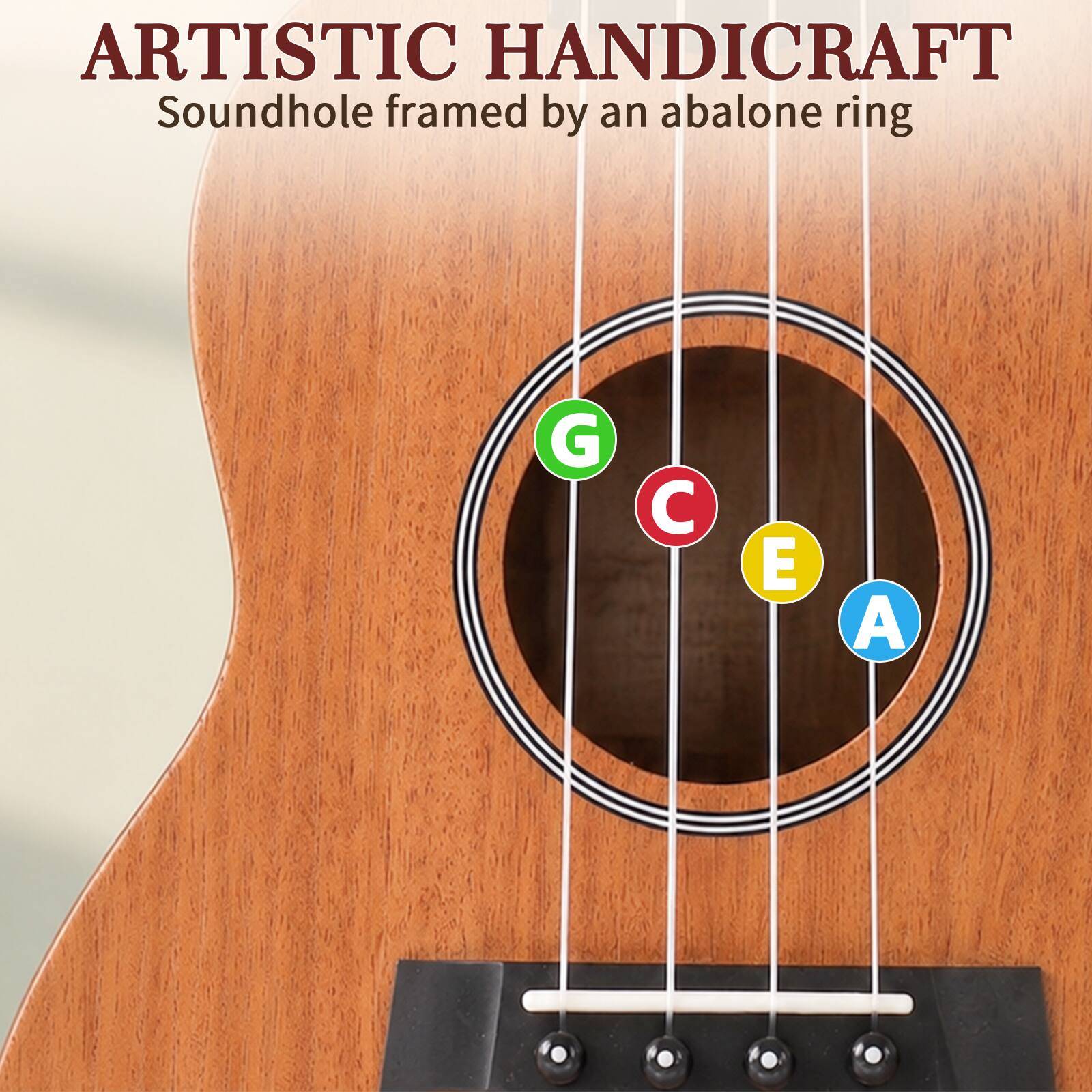 ARTISTIC HANDICRAFT  
Soundhole framed by an abalone ring  
G C E A