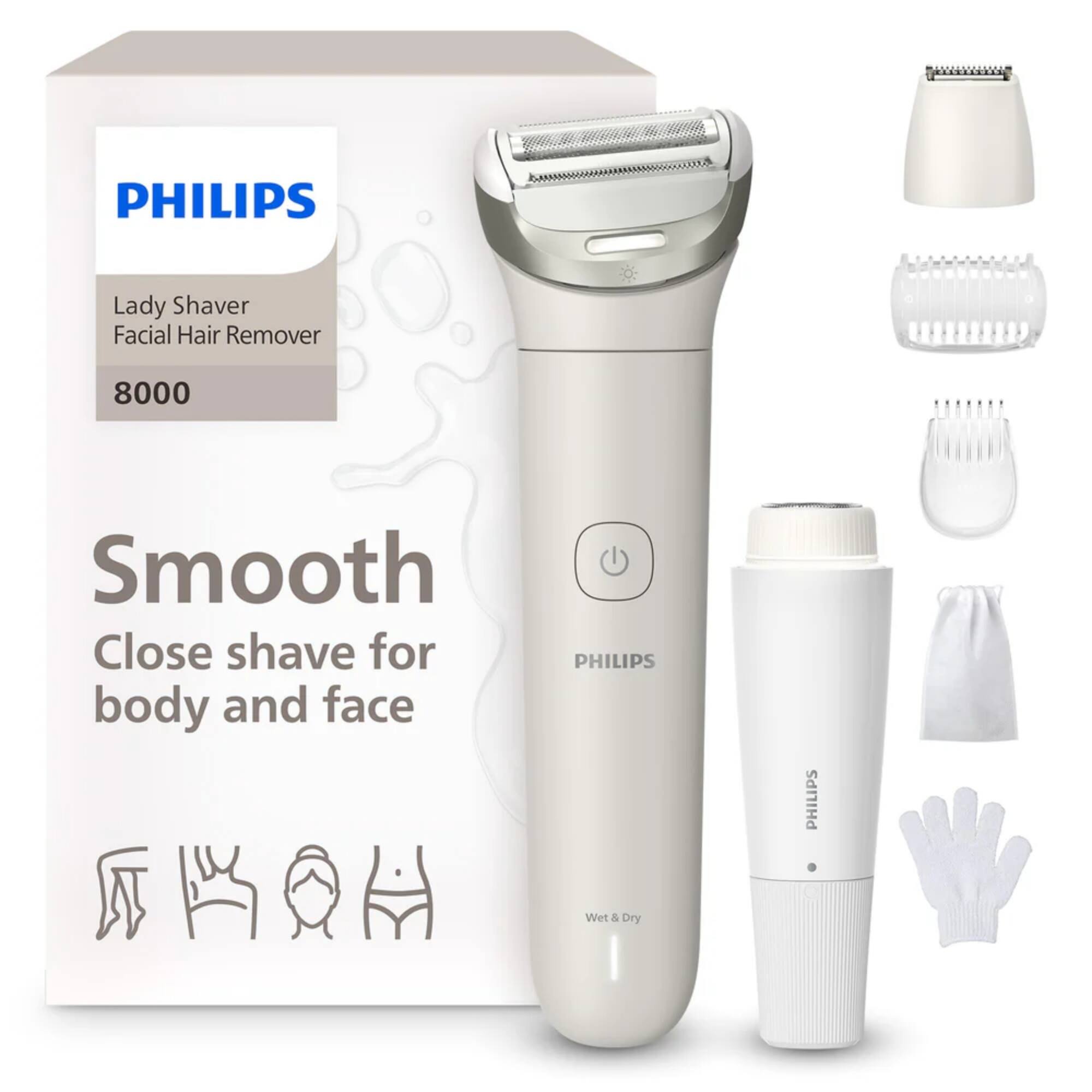 PHILIPS Lady Shaver Facial Hair Remover 8000 Smooth Close shave for body and face PHILIPS Wet & Dry