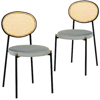 Front. LeisureMod - Euston 2-PCS Boho Wicker Back Dining Chair, Luxury Velvet Leather Kitchen Side Chair with Powder-Coated Steel - Grey.