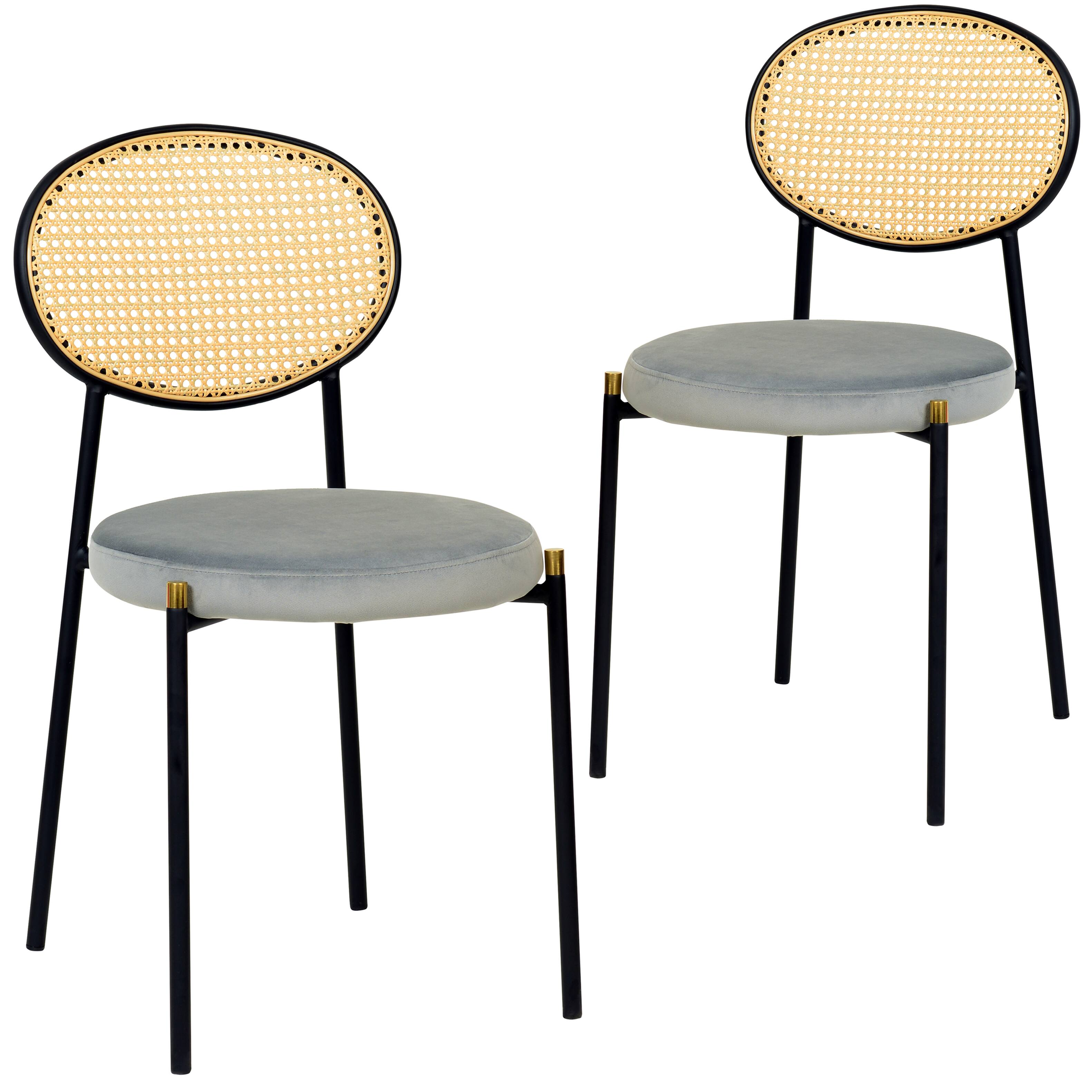Front. LeisureMod - Euston 2-PCS Boho Wicker Back Dining Chair, Luxury Velvet Leather Kitchen Side Chair with Powder-Coated Steel - Grey.